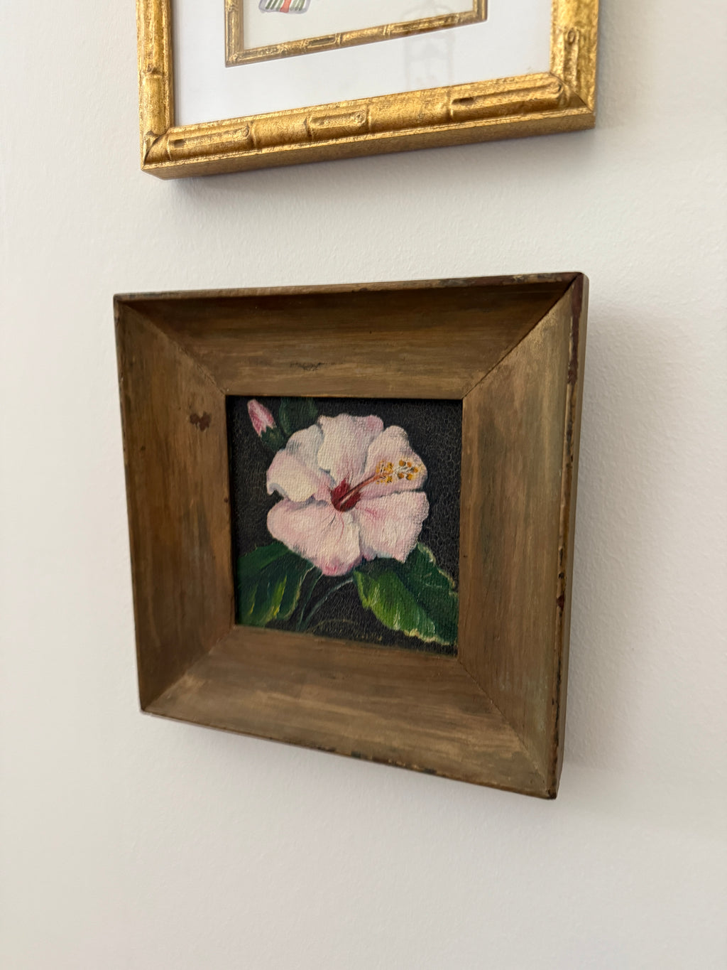 9" x 9" Hibiscus Painting by Unknown Artist Framed
