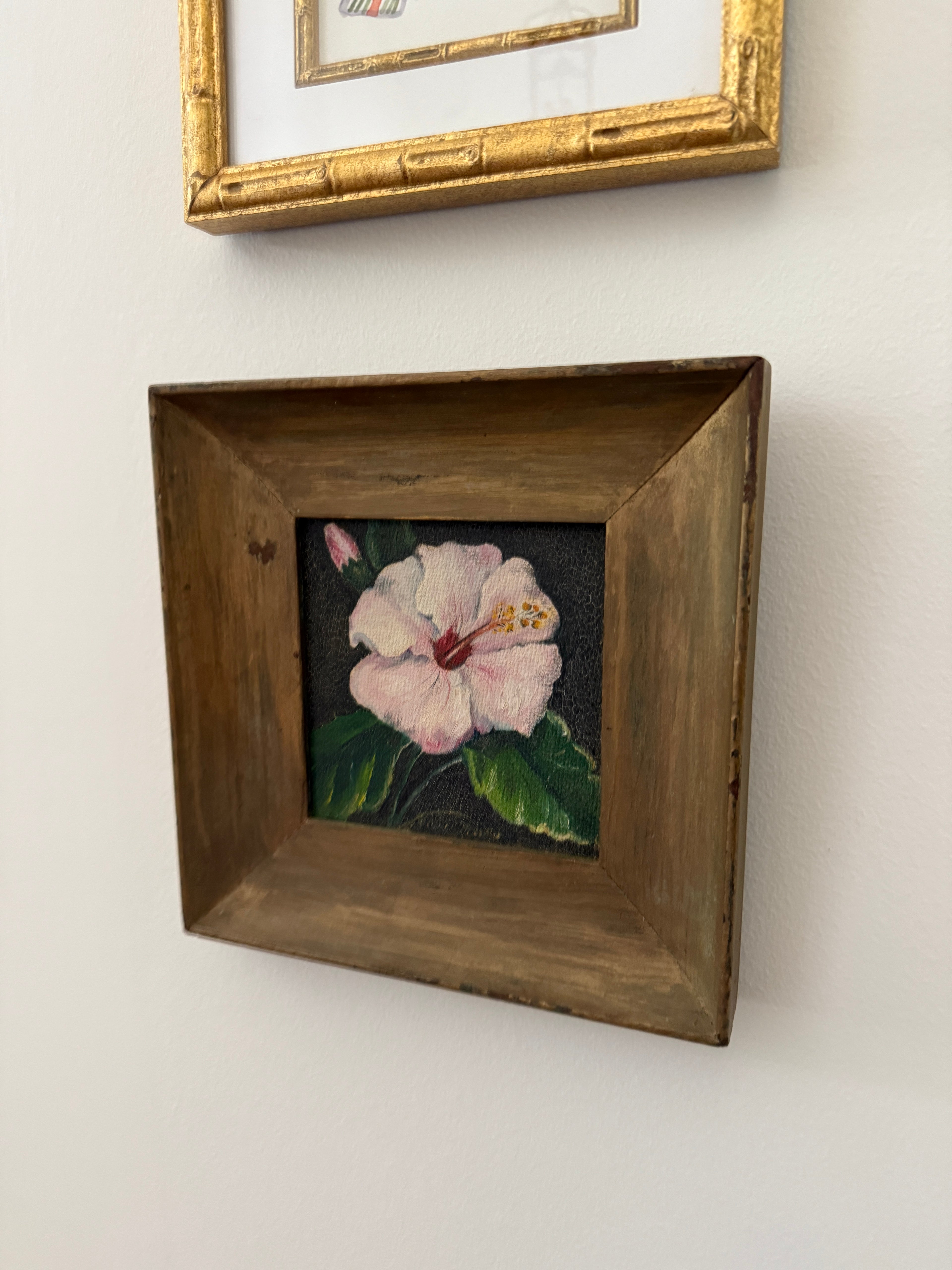 9" x 9" Hibiscus Painting by Unknown Artist Framed
