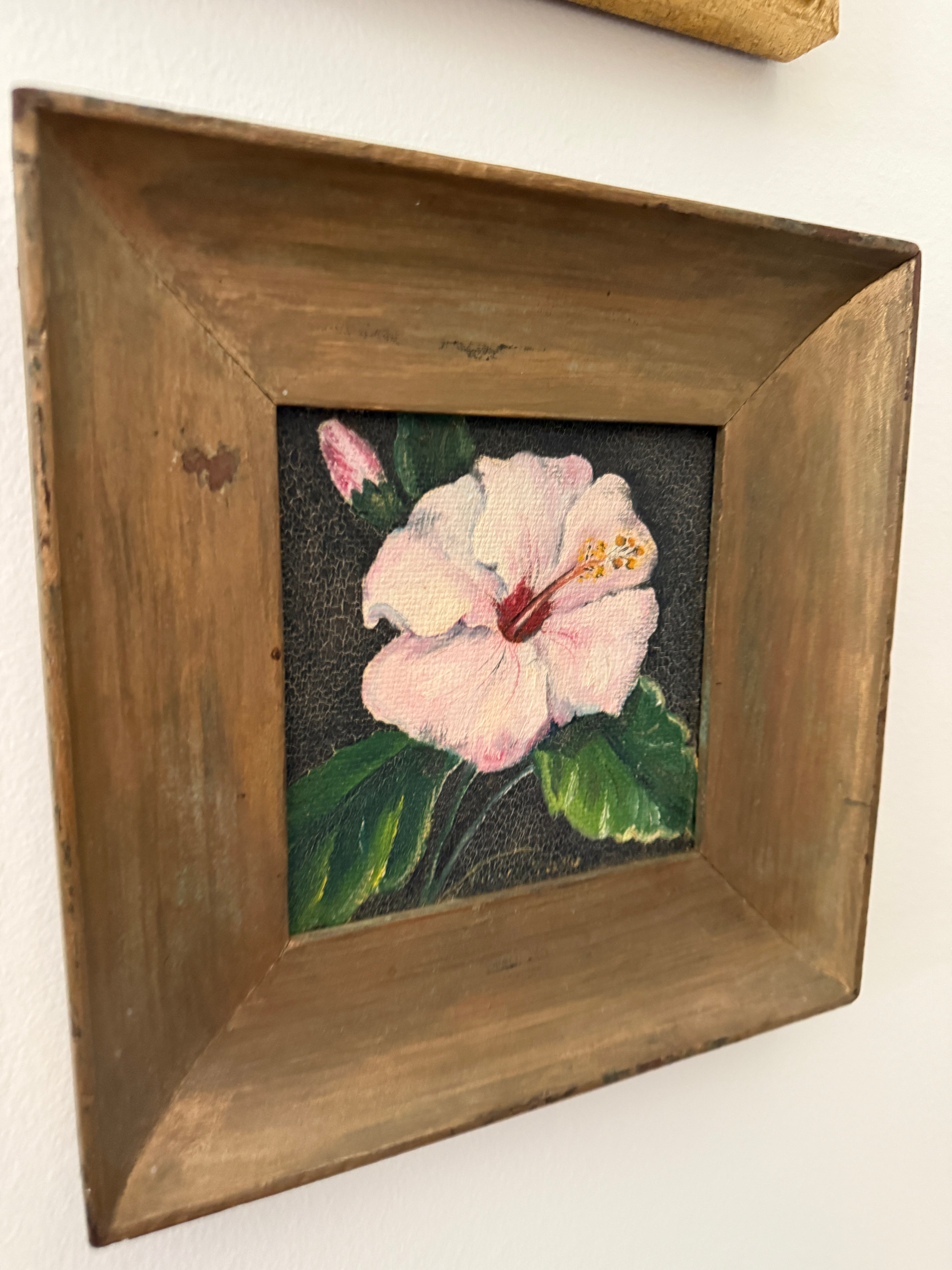 9" x 9" Hibiscus Painting by Unknown Artist Framed