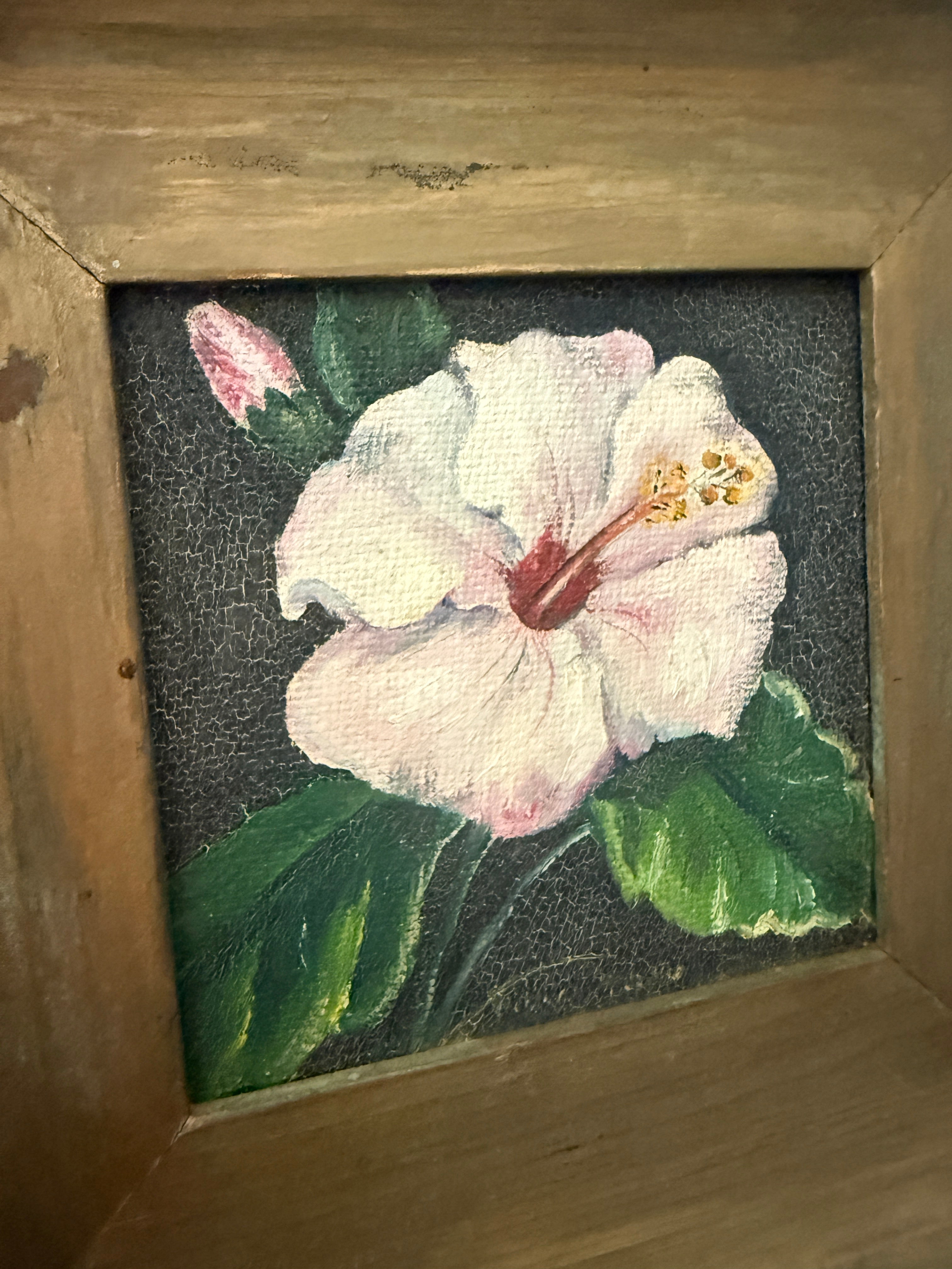 9" x 9" Hibiscus Painting by Unknown Artist Framed