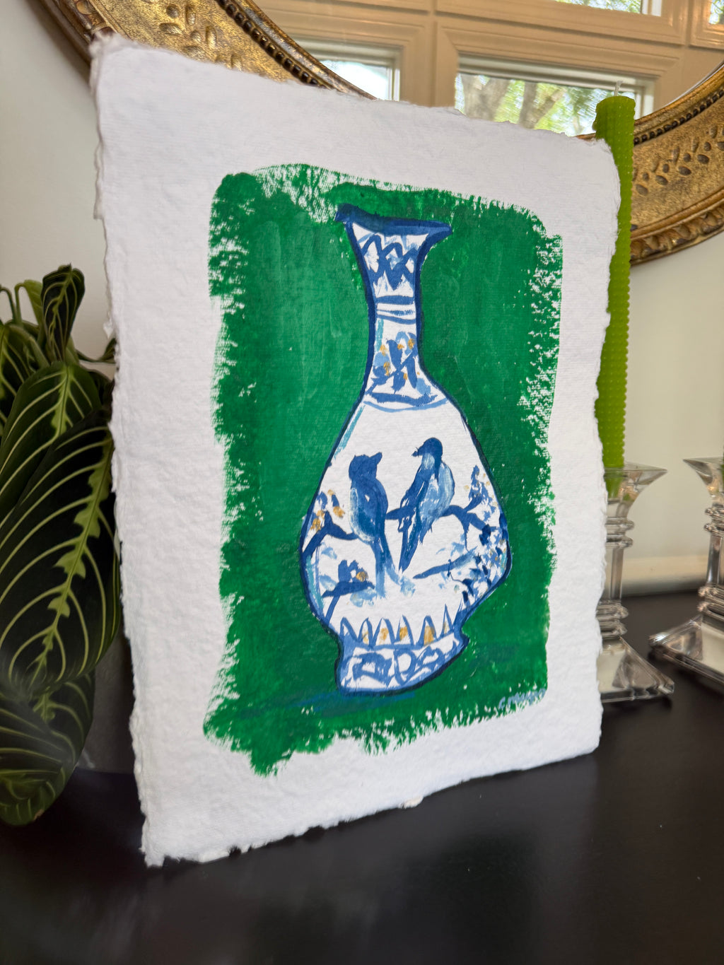 10" X 13" Bird Jar on Green Background Painting by Catherine Meyer on Textured Paper