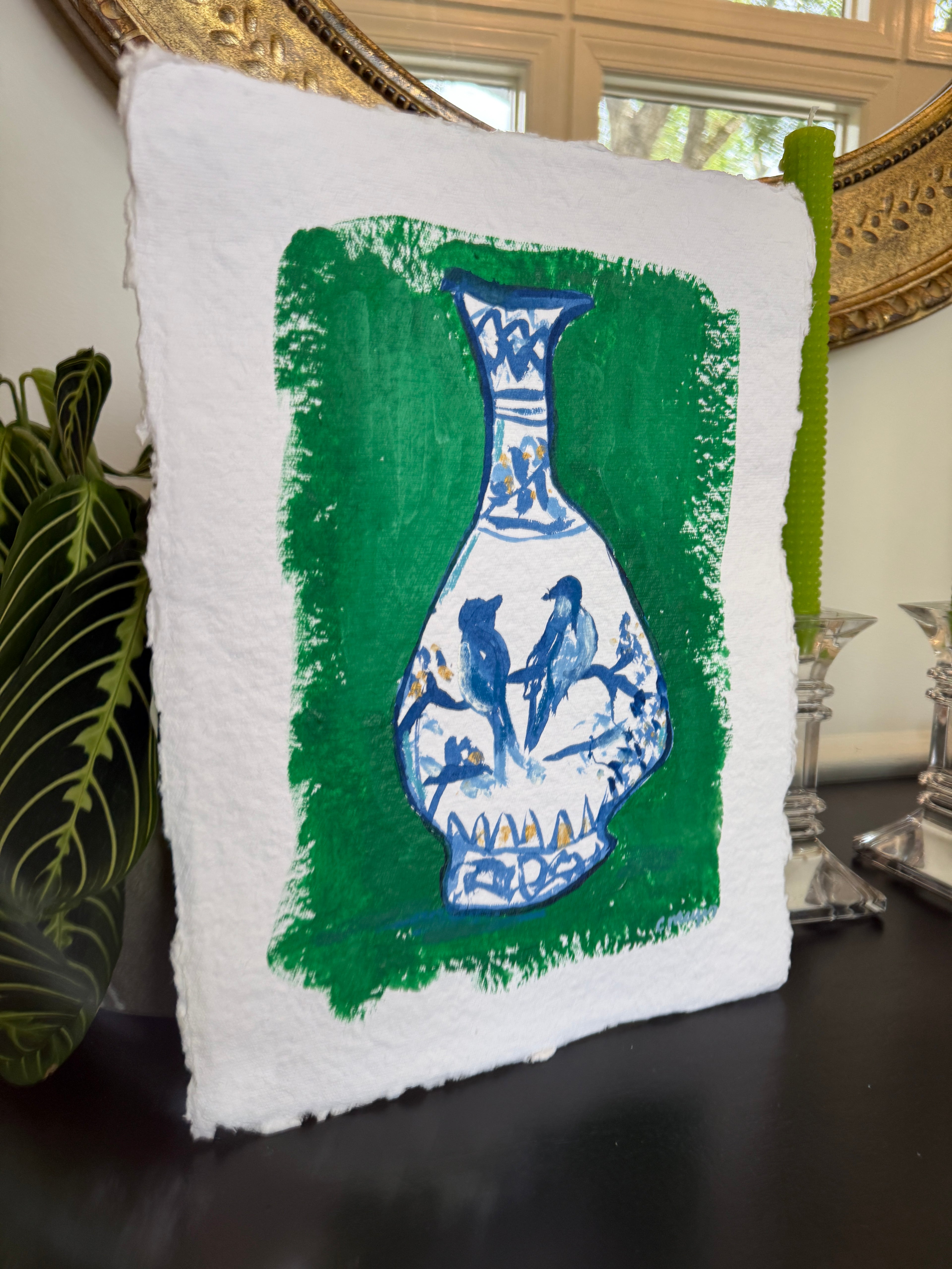 10" X 13" Bird Jar on Green Background Painting by Catherine Meyer on Textured Paper