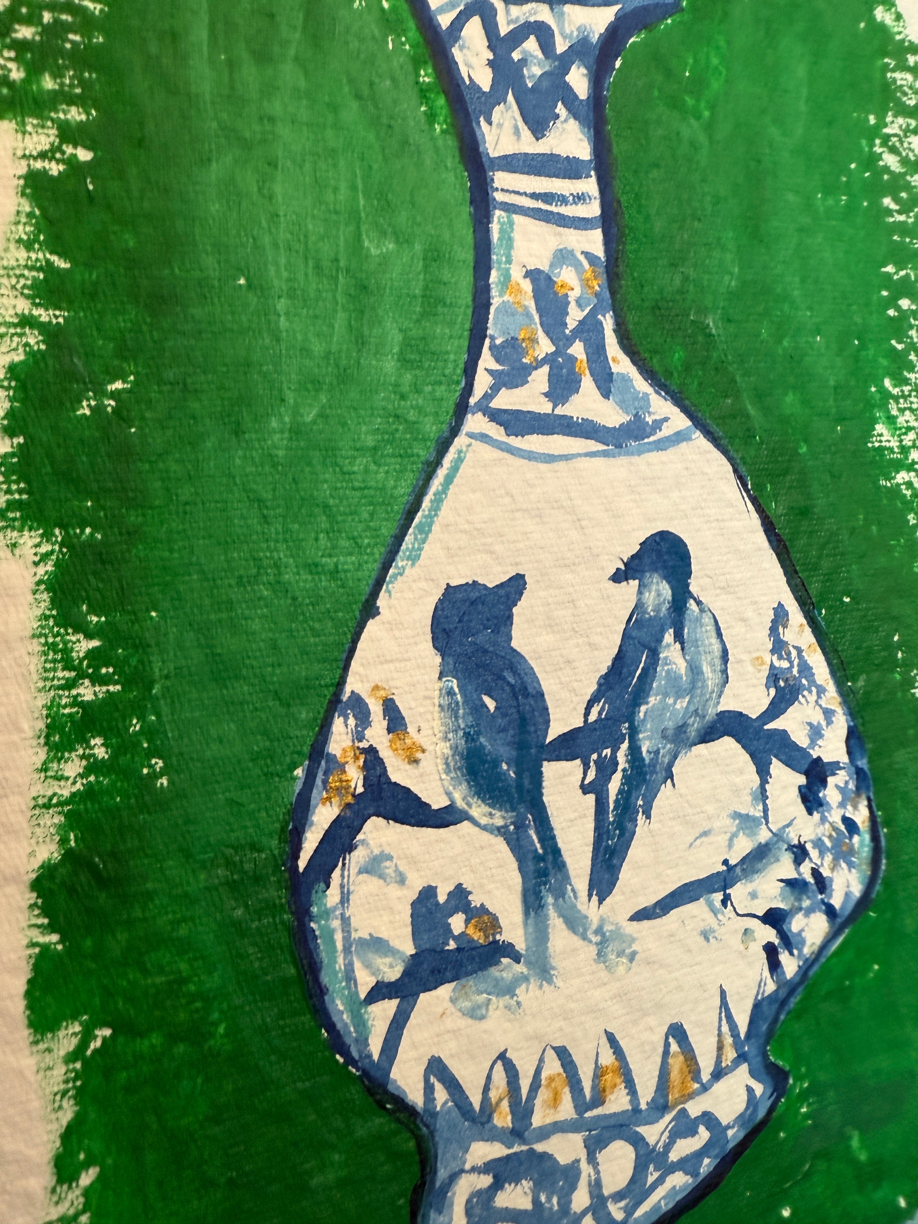 10" X 13" Bird Jar on Green Background Painting by Catherine Meyer on Textured Paper