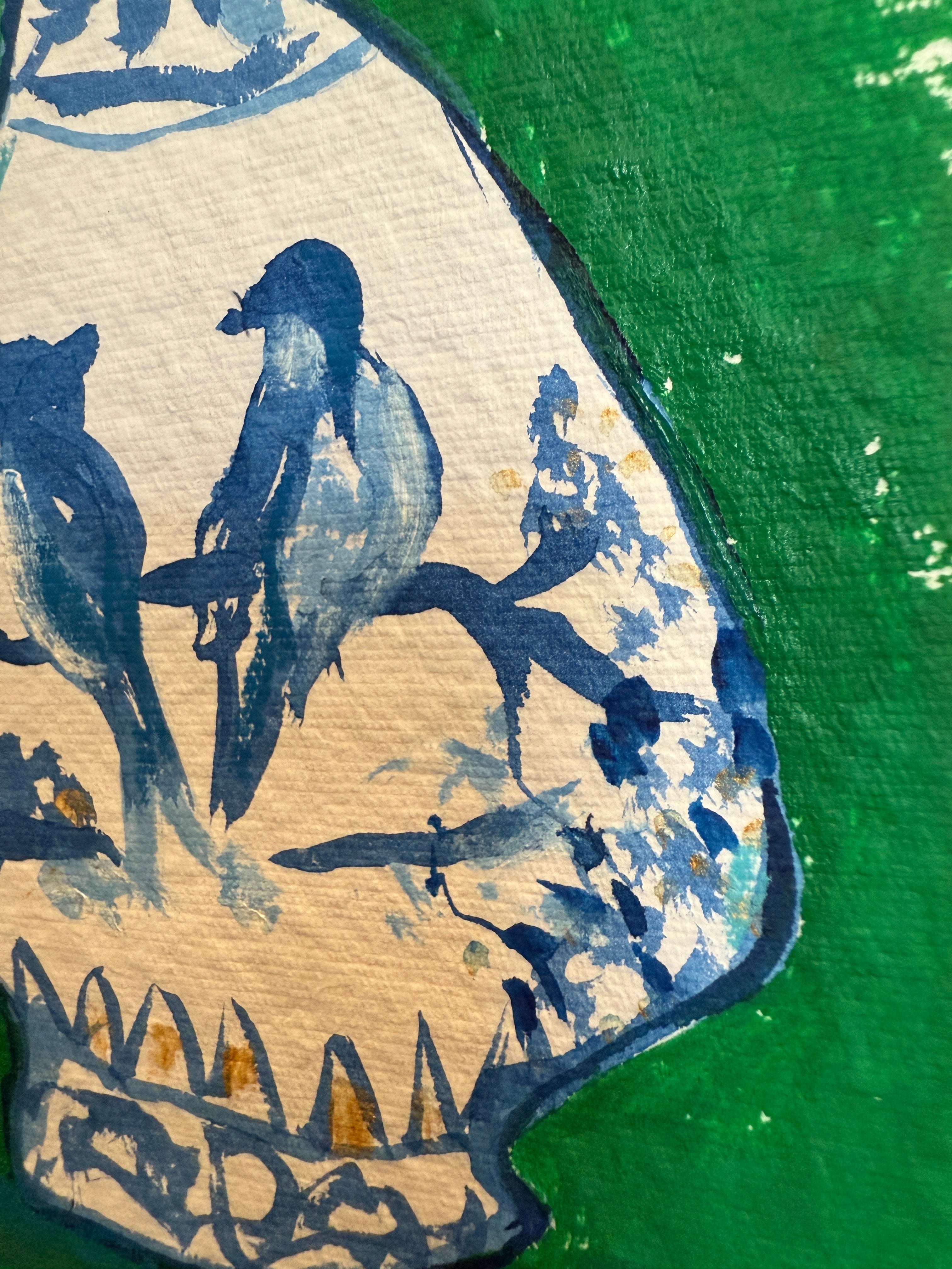 10" X 13" Bird Jar on Green Background Painting by Catherine Meyer on Textured Paper