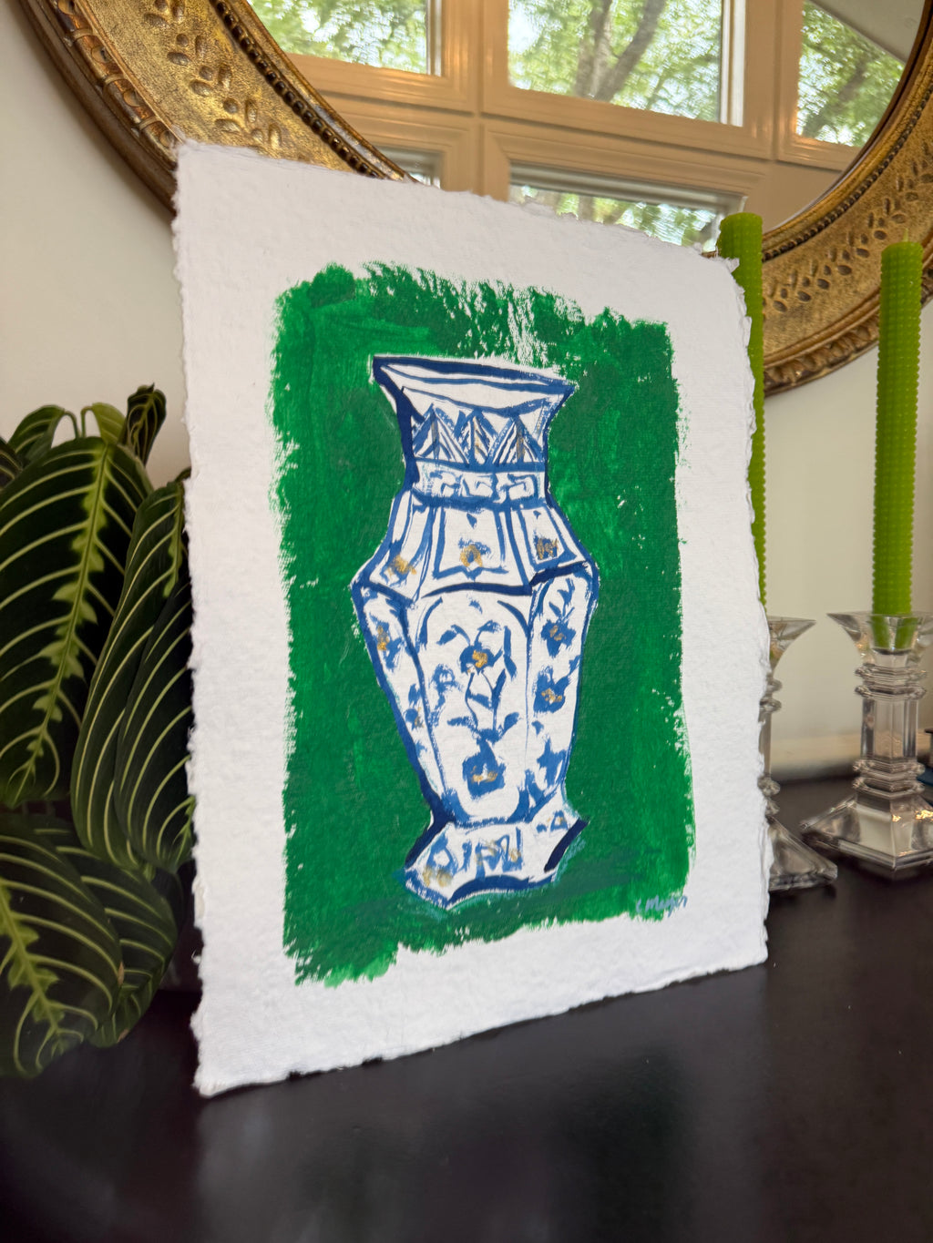10" X 13" Jar and Green Wall Painting by Catherine Meyer on Textured Paper