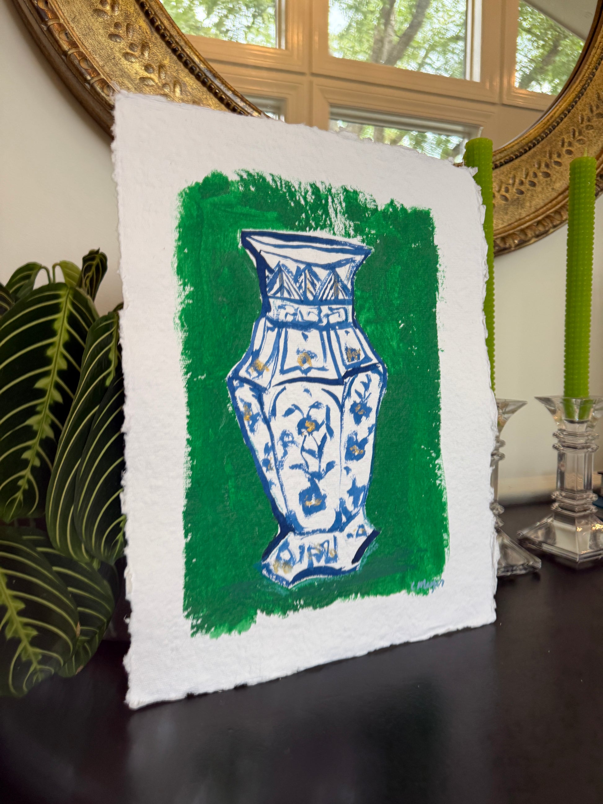 10" X 13" Jar and Green Wall Painting by Catherine Meyer on Textured Paper