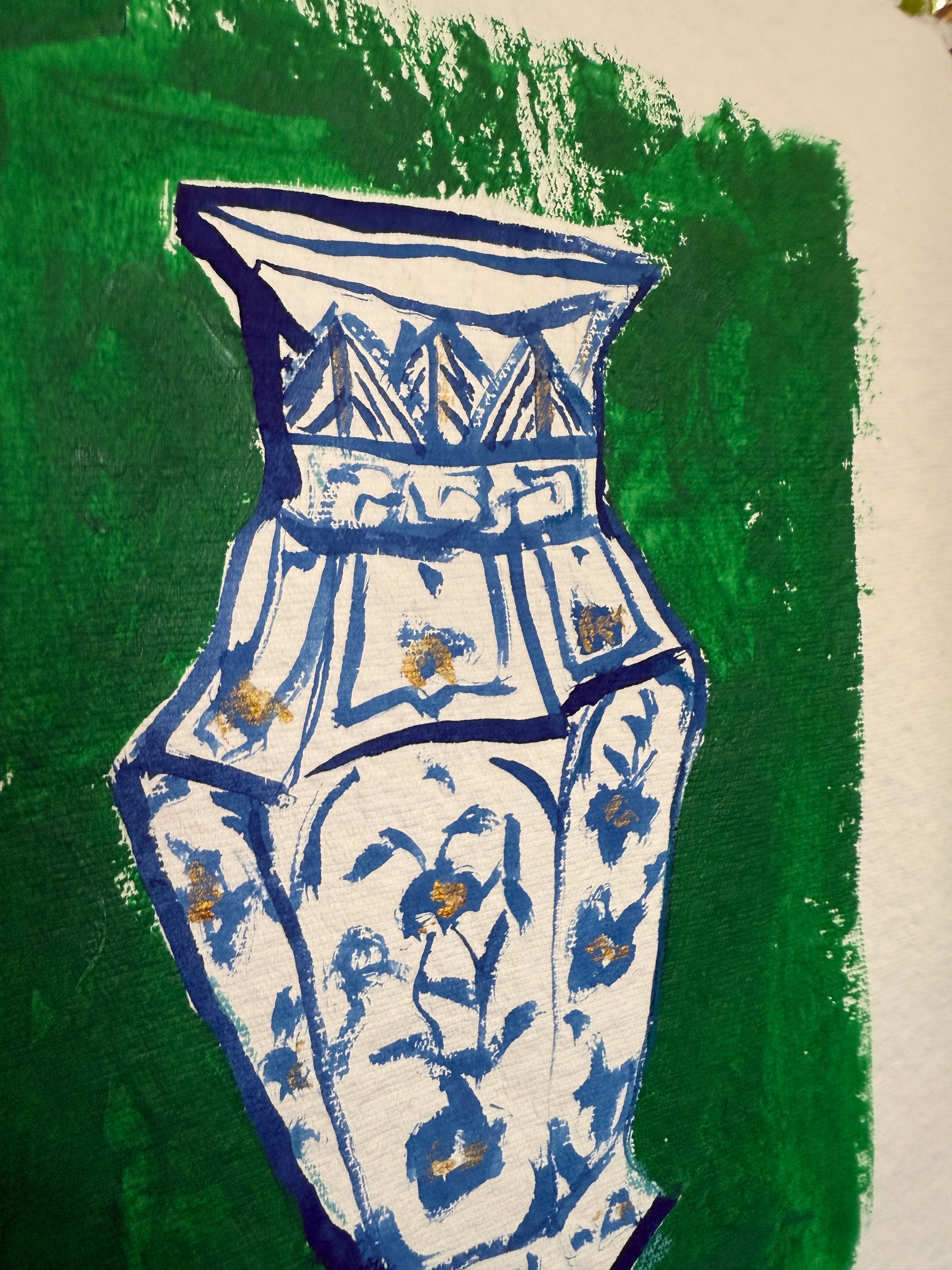 10" X 13" Jar and Green Wall Painting by Catherine Meyer on Textured Paper