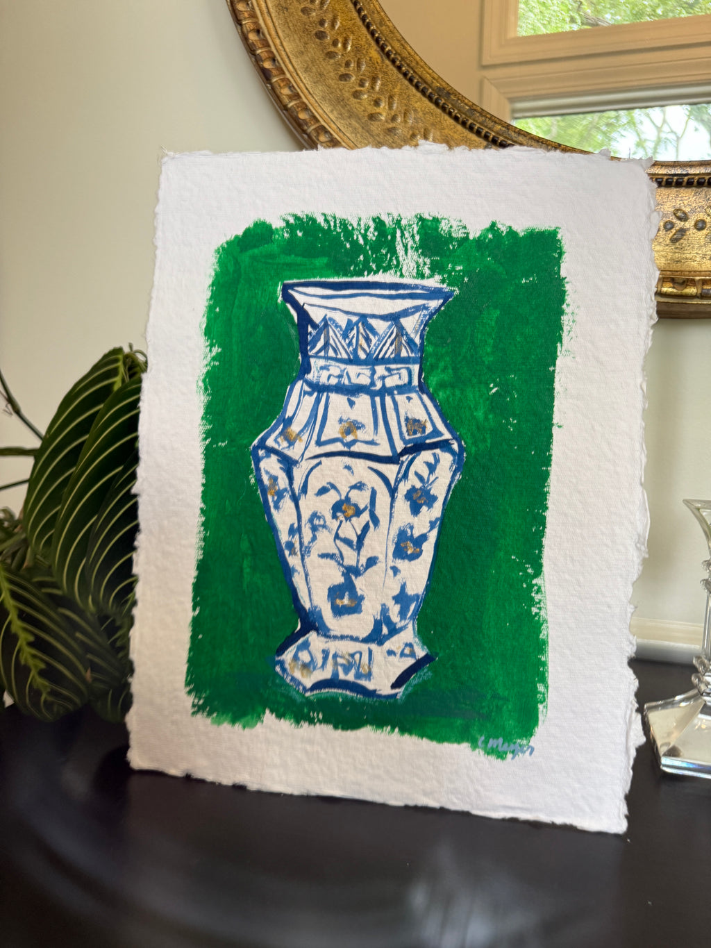 10" X 13" Jar and Green Wall Painting by Catherine Meyer on Textured Paper