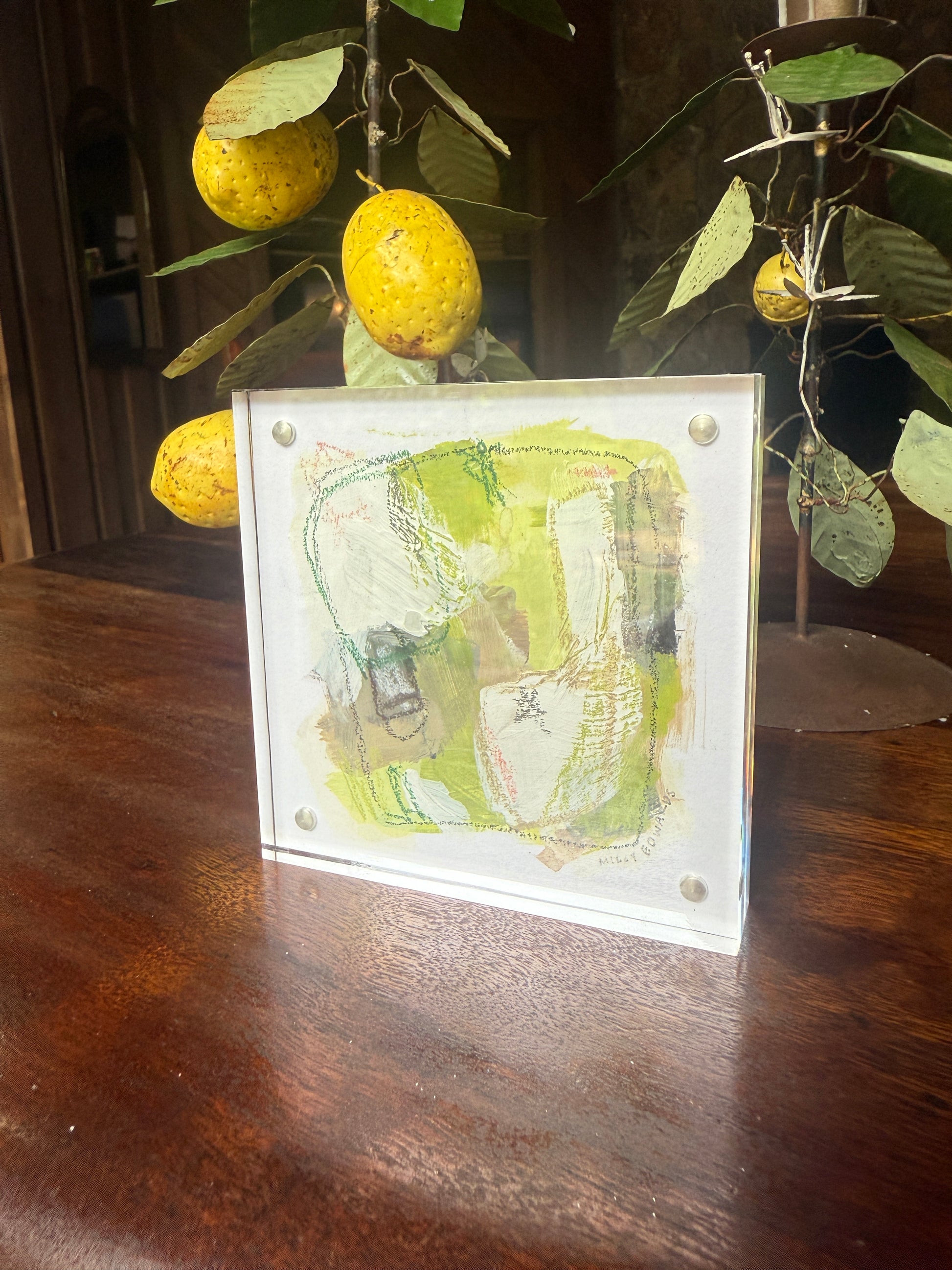 4" x 4" White and Green Abstract Painting by Milly Edwards Framed in Square Acrylic Table Top Frame