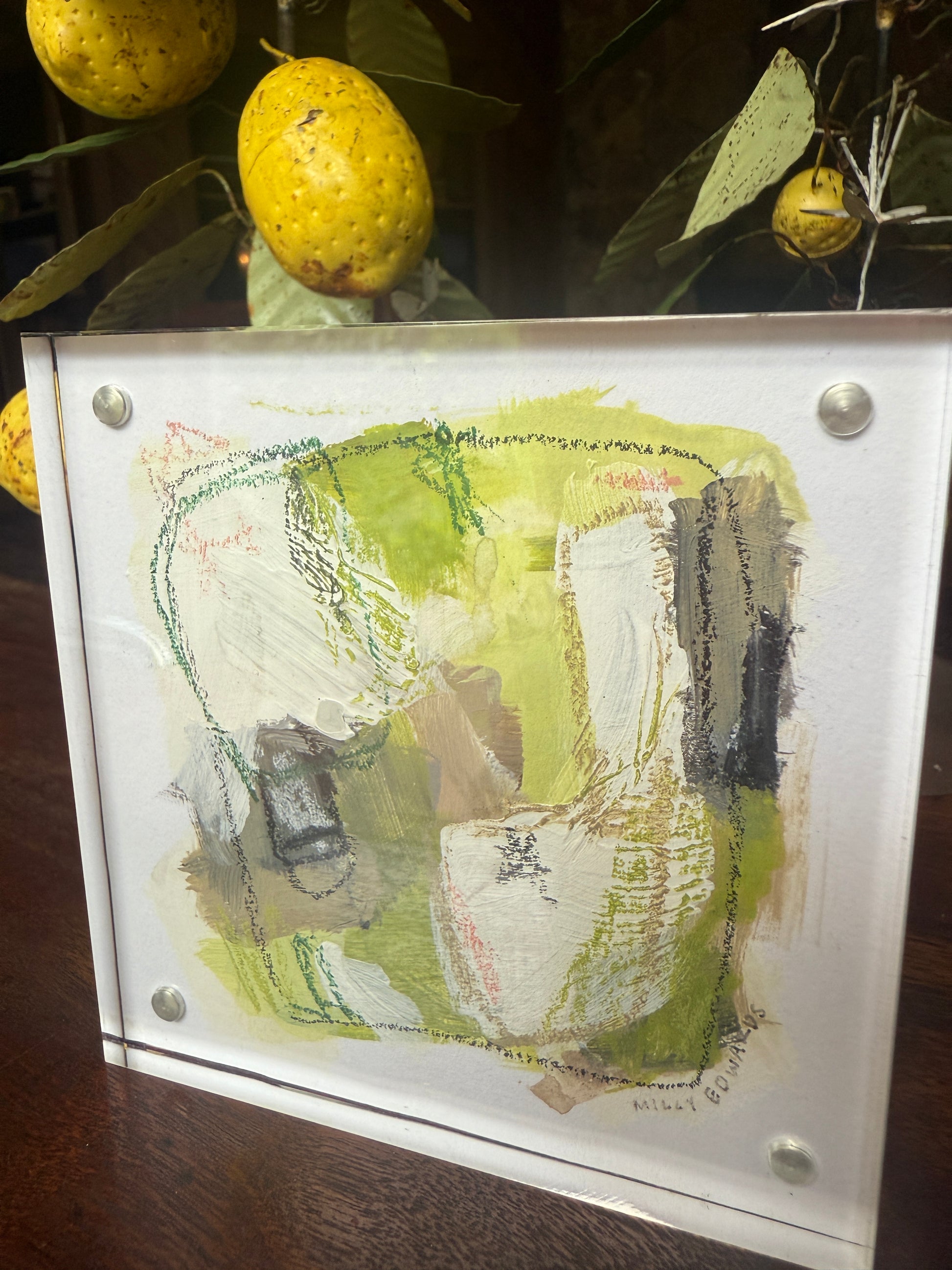 4" x 4" White and Green Abstract Painting by Milly Edwards Framed in Square Acrylic Table Top Frame