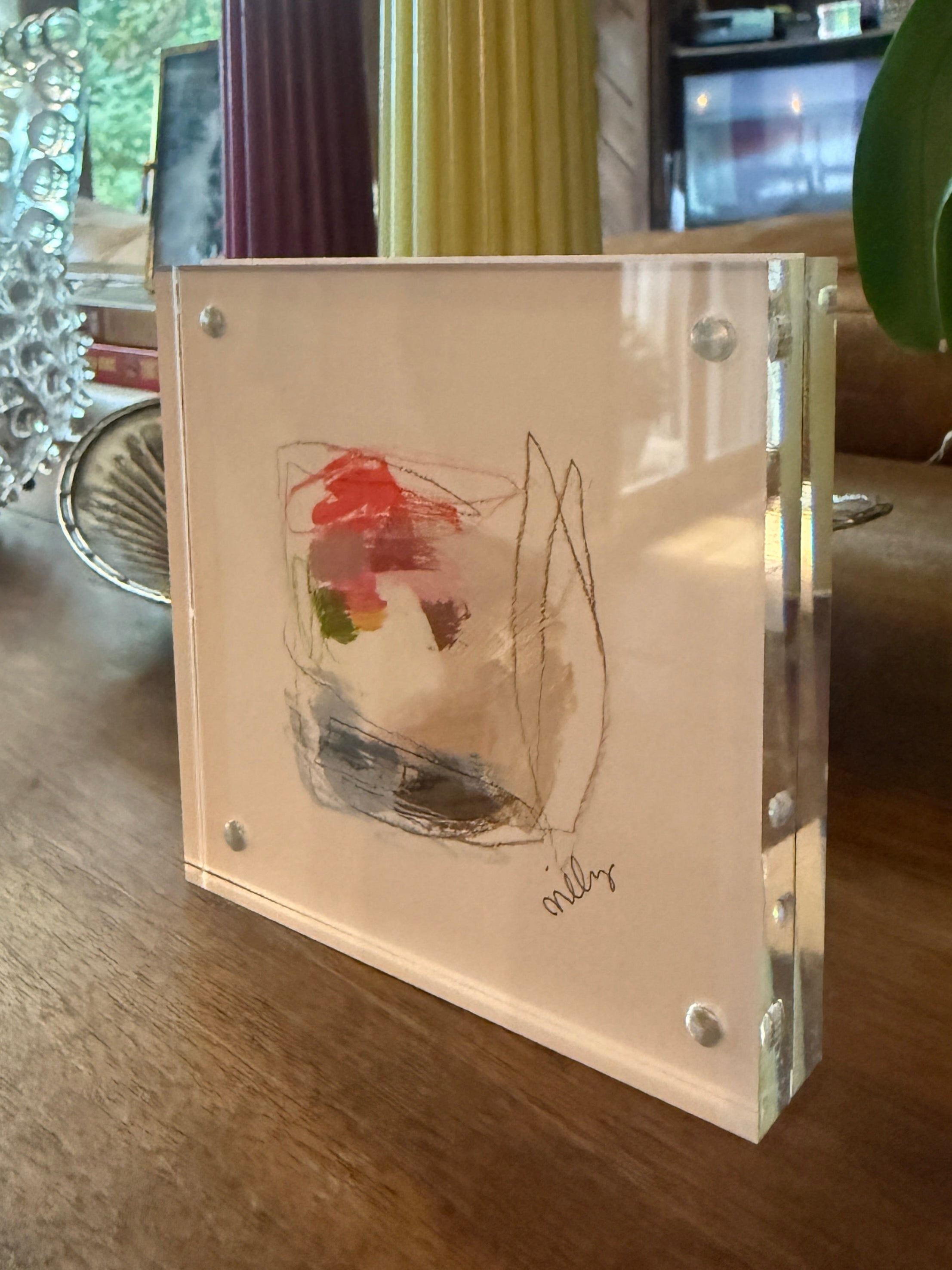 4" x 4" White Abstract Painting by Milly Edwards Framed in Square Acrylic Table Top Frame