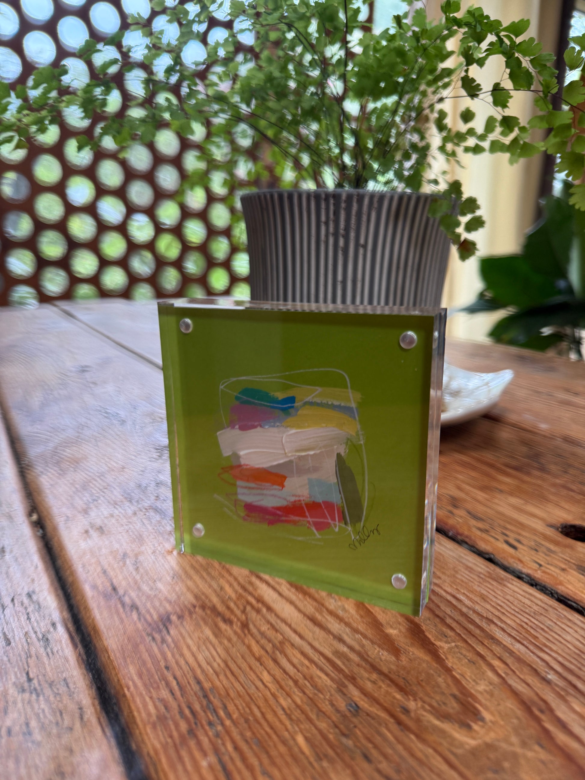 4" x 4" Bright Green Abstract Painting by Milly Edwards Framed in Square Acrylic Table Top Frame