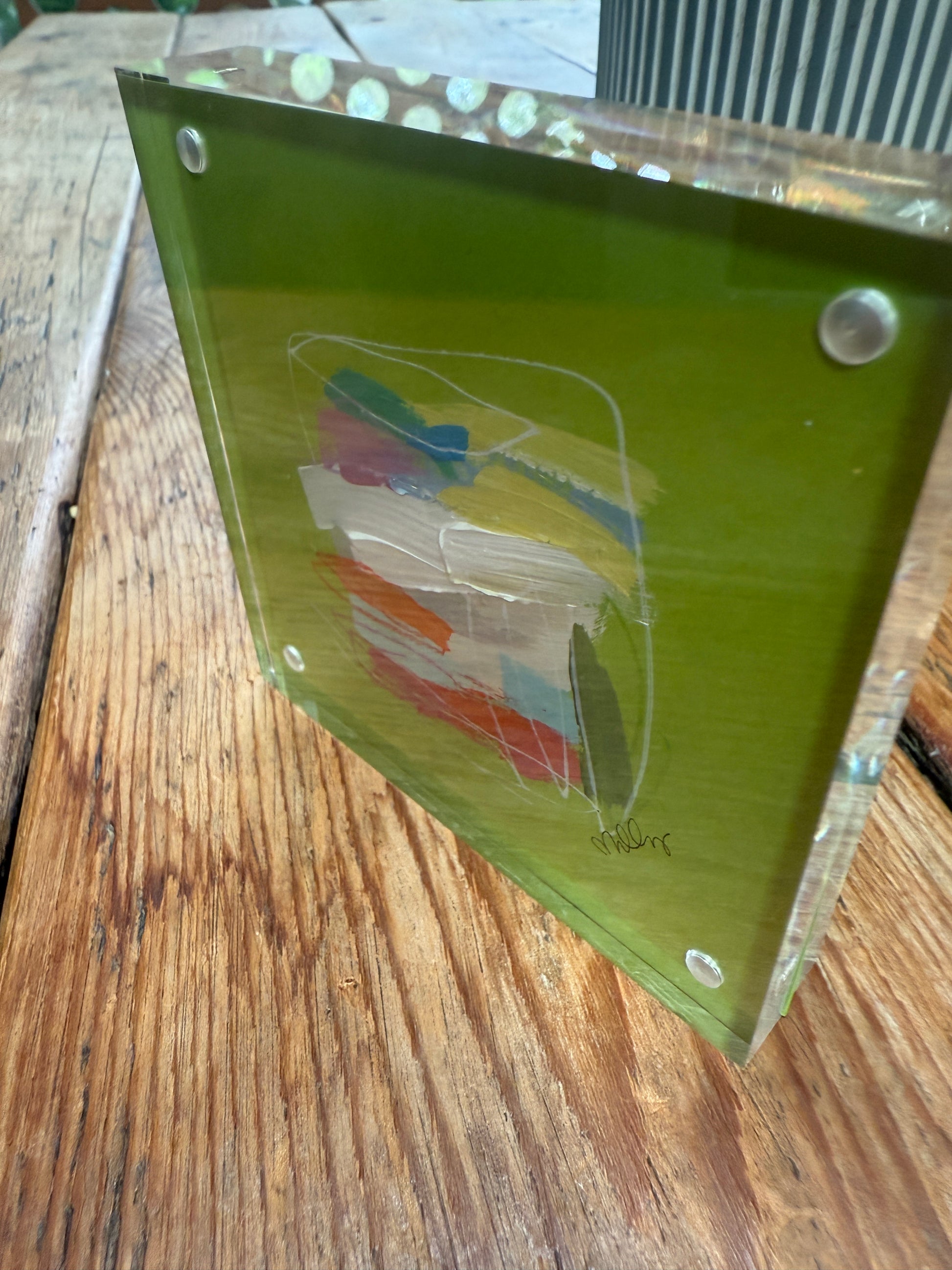 4" x 4" Bright Green Abstract Painting by Milly Edwards Framed in Square Acrylic Table Top Frame
