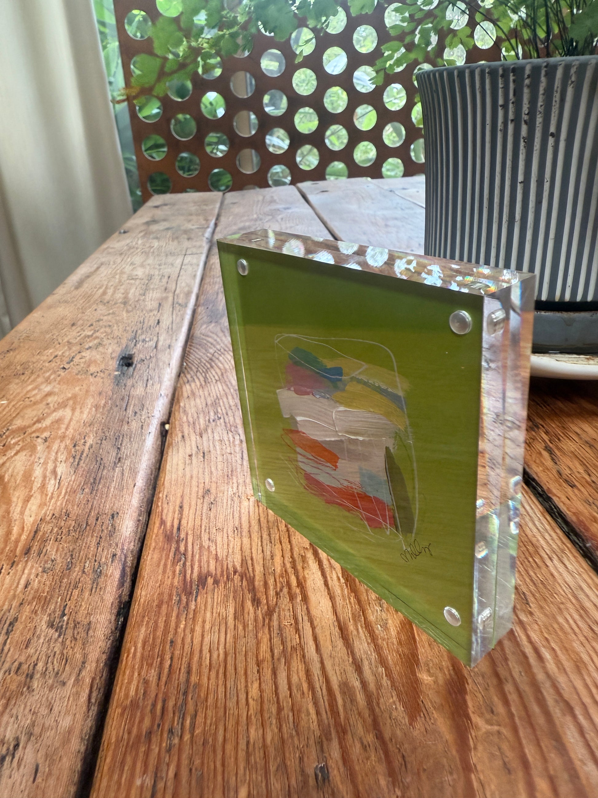 4" x 4" Bright Green Abstract Painting by Milly Edwards Framed in Square Acrylic Table Top Frame