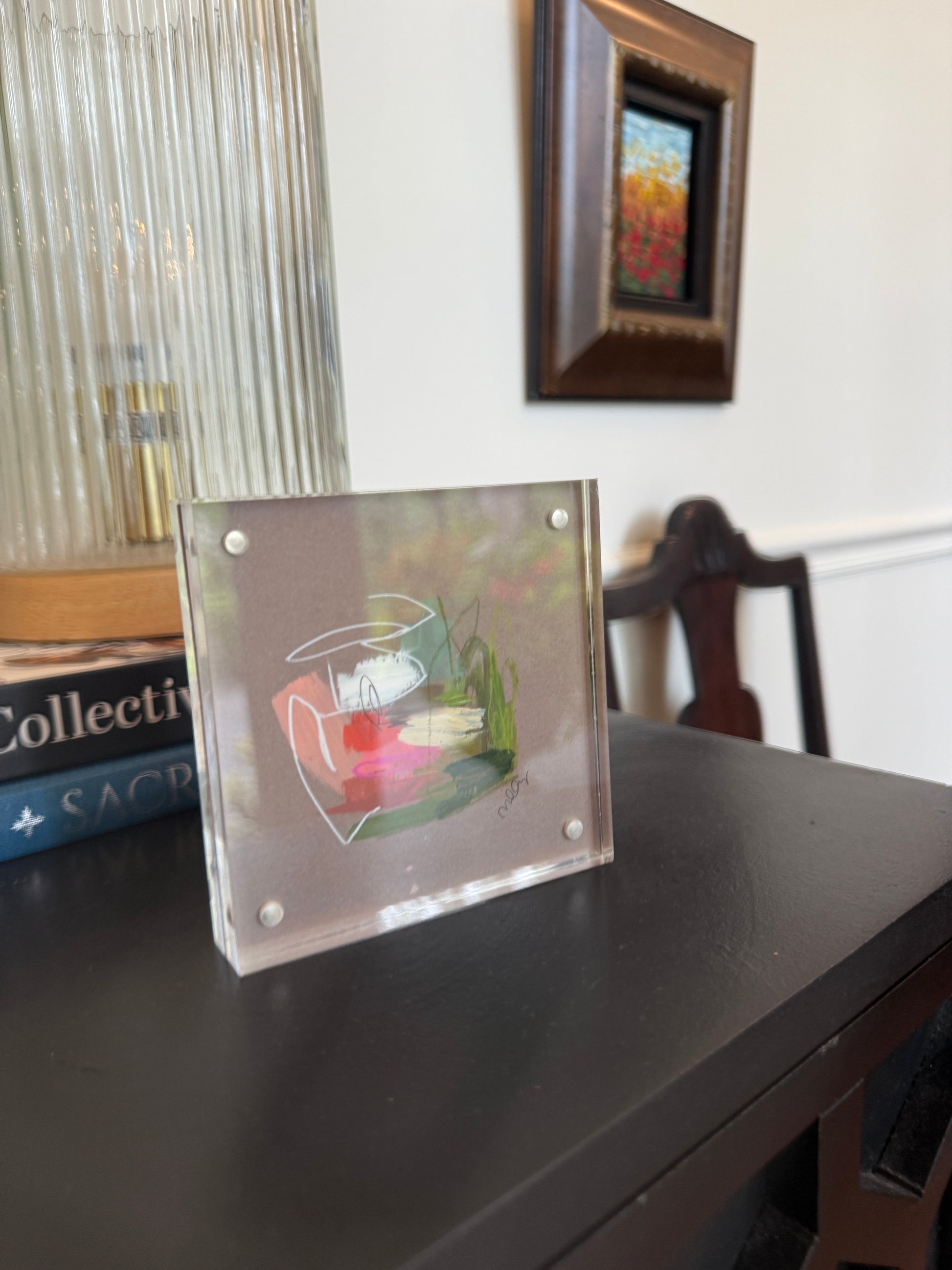 4" x 4" Brown Abstract Painting by Milly Edwards Framed in Square Acrylic Table Top Frame