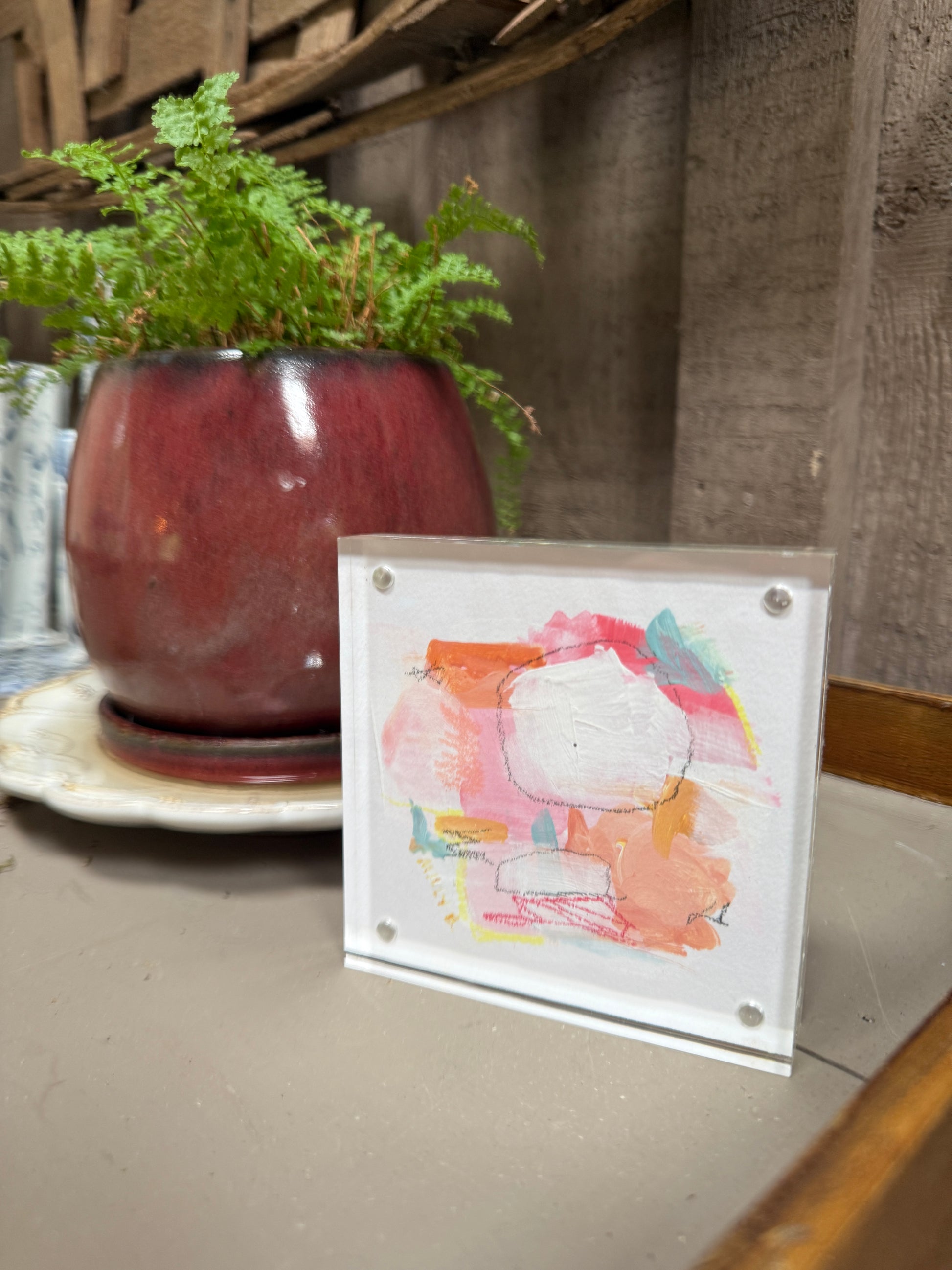 4" x 4" White and Pink Abstract Painting by Milly Edwards Framed in Square Acrylic Table Top Frame