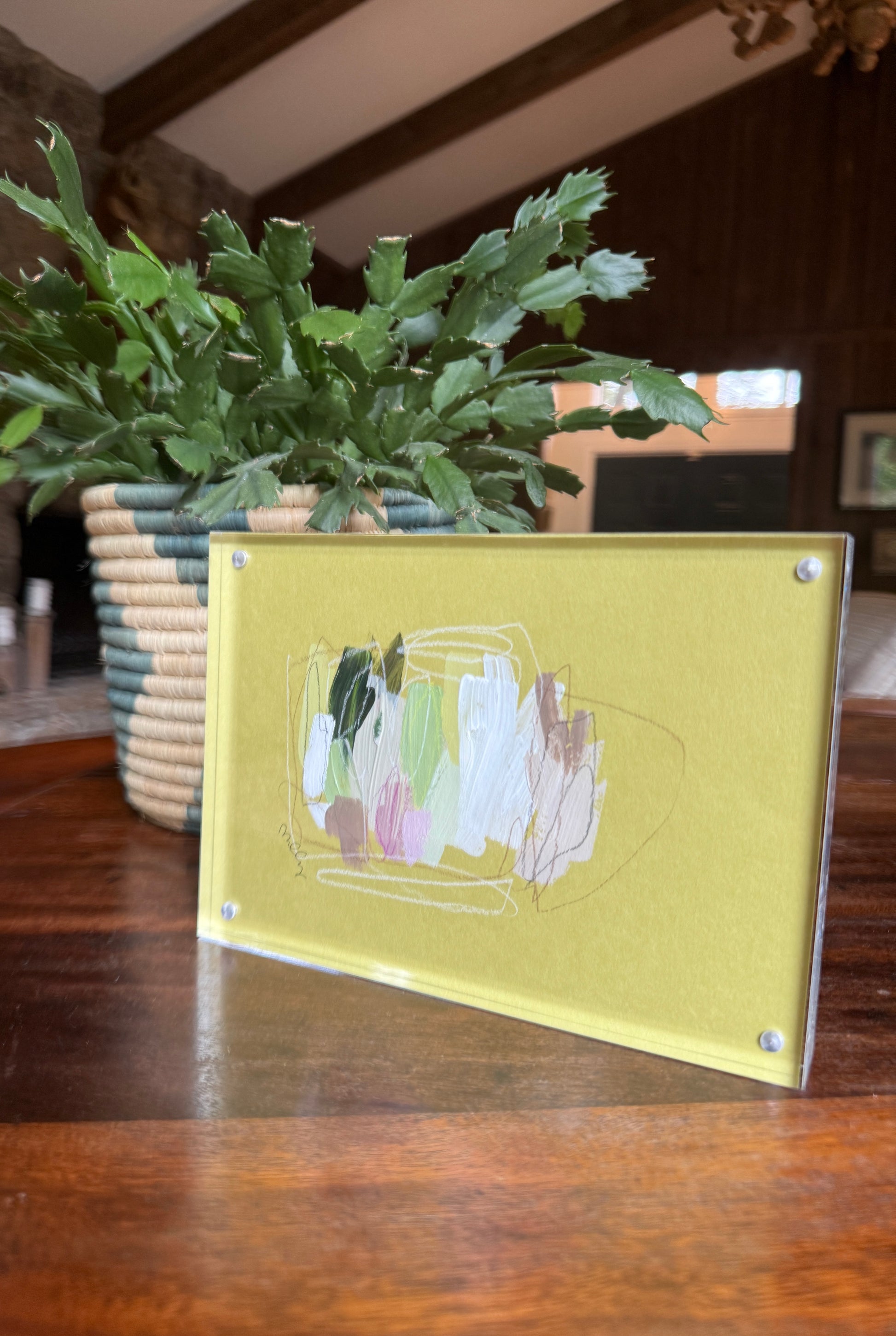 5" x 7" Abstract Painting on Green Paper by Milly Edwards Framed in Acrylic Table Top Frame