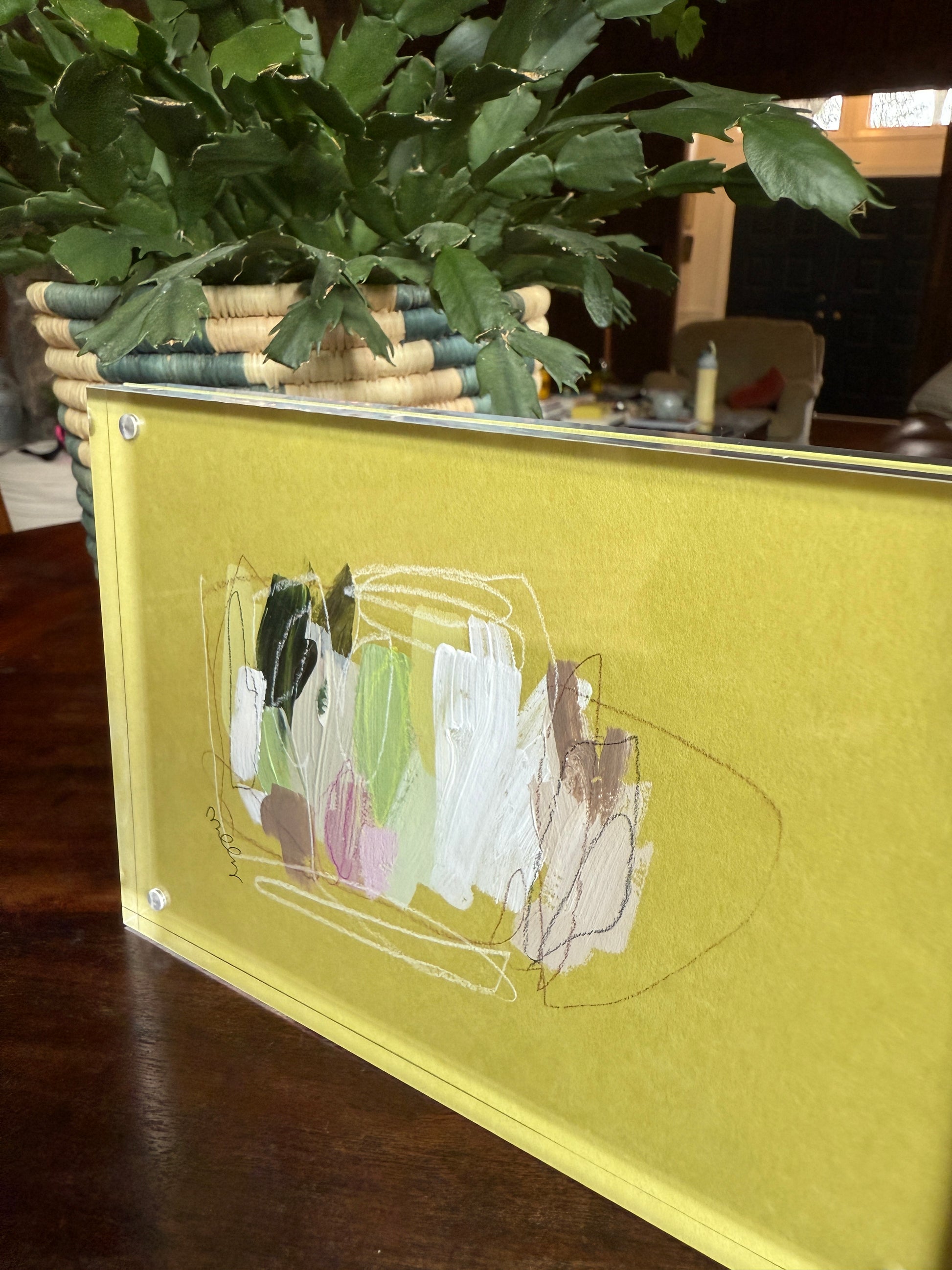 5" x 7" Abstract Painting on Green Paper by Milly Edwards Framed in Acrylic Table Top Frame