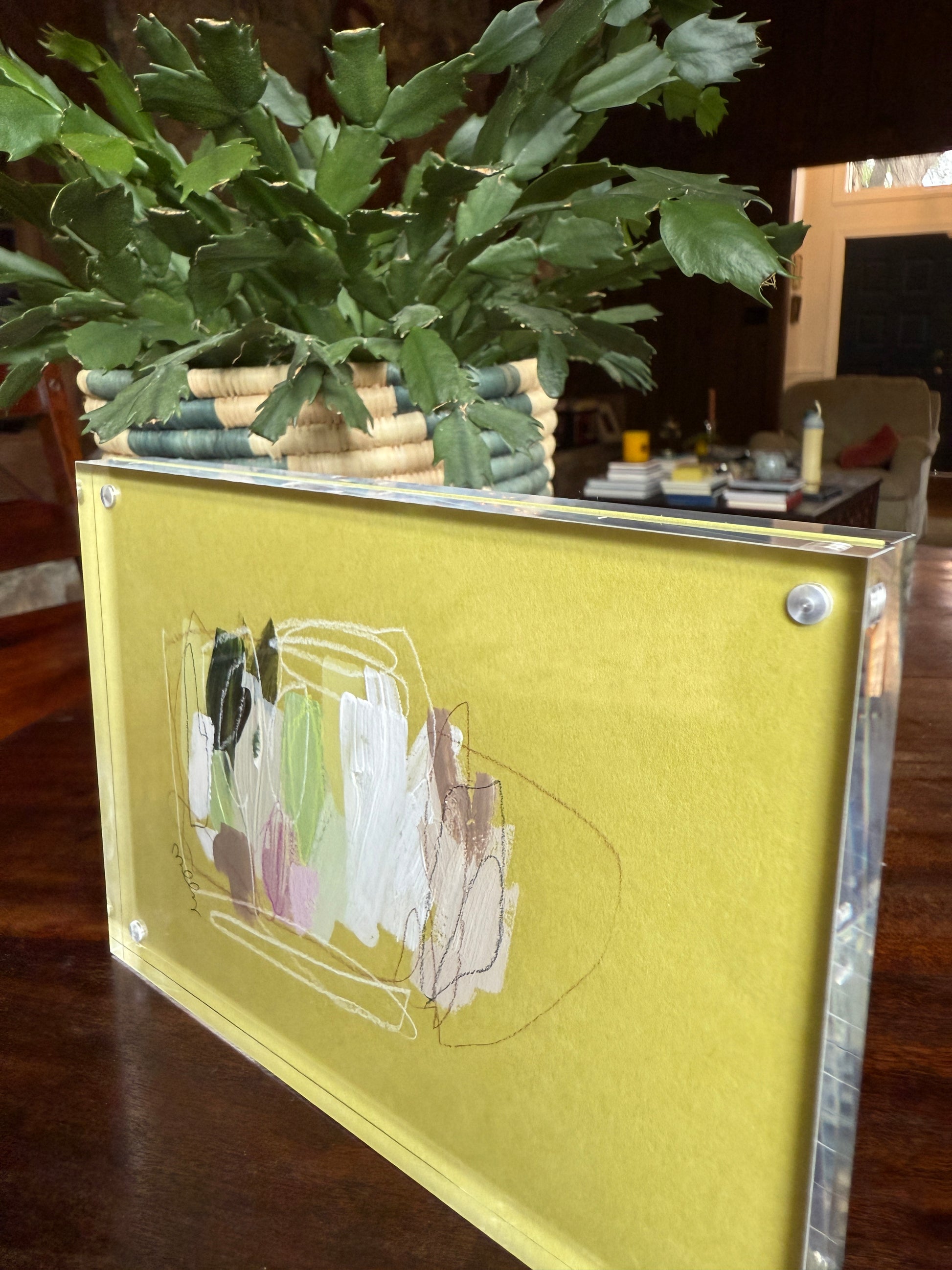 5" x 7" Abstract Painting on Green Paper by Milly Edwards Framed in Acrylic Table Top Frame