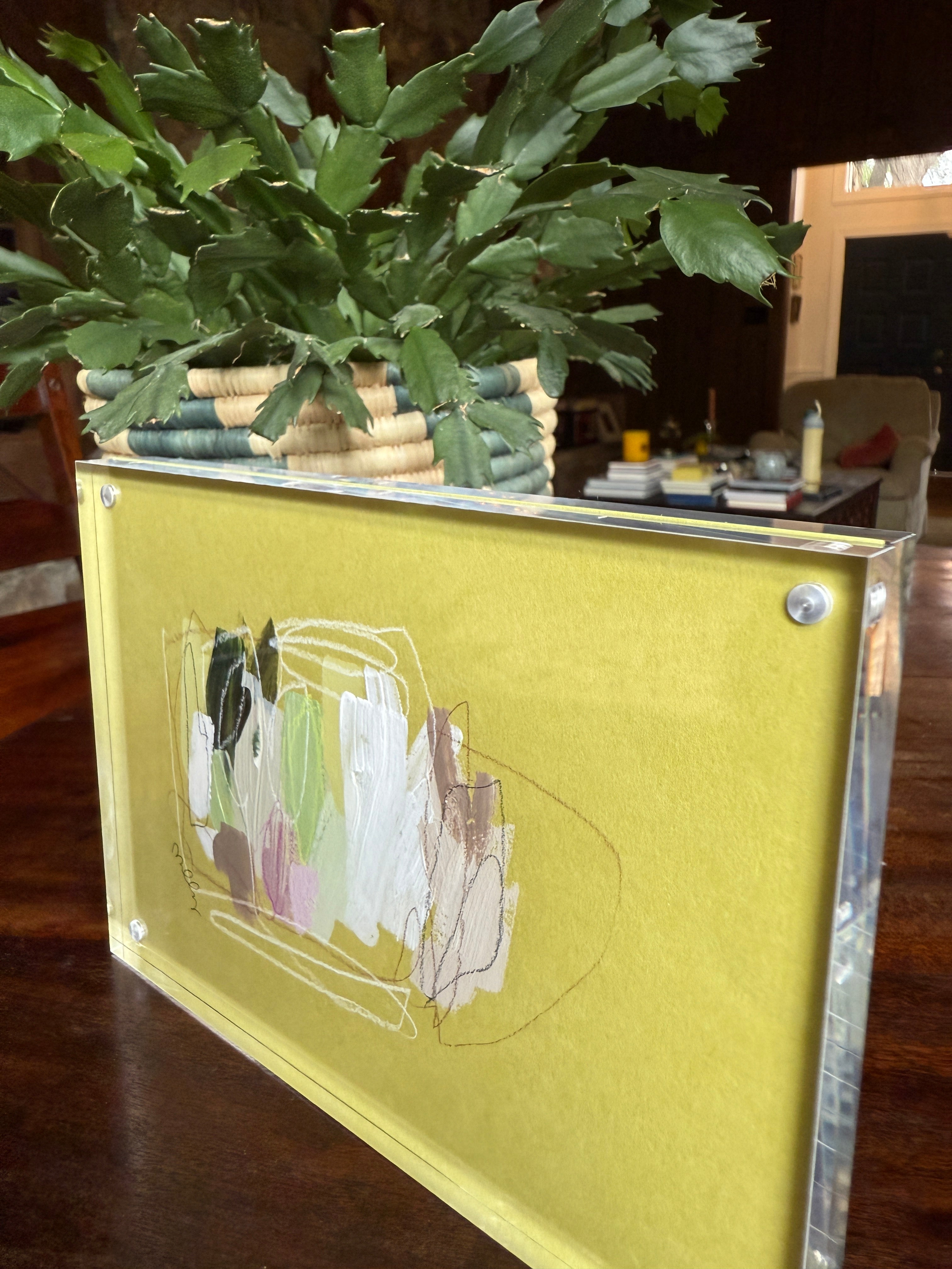 5" x 7" Abstract Painting on Green Paper by Milly Edwards Framed in Acrylic Table Top Frame
