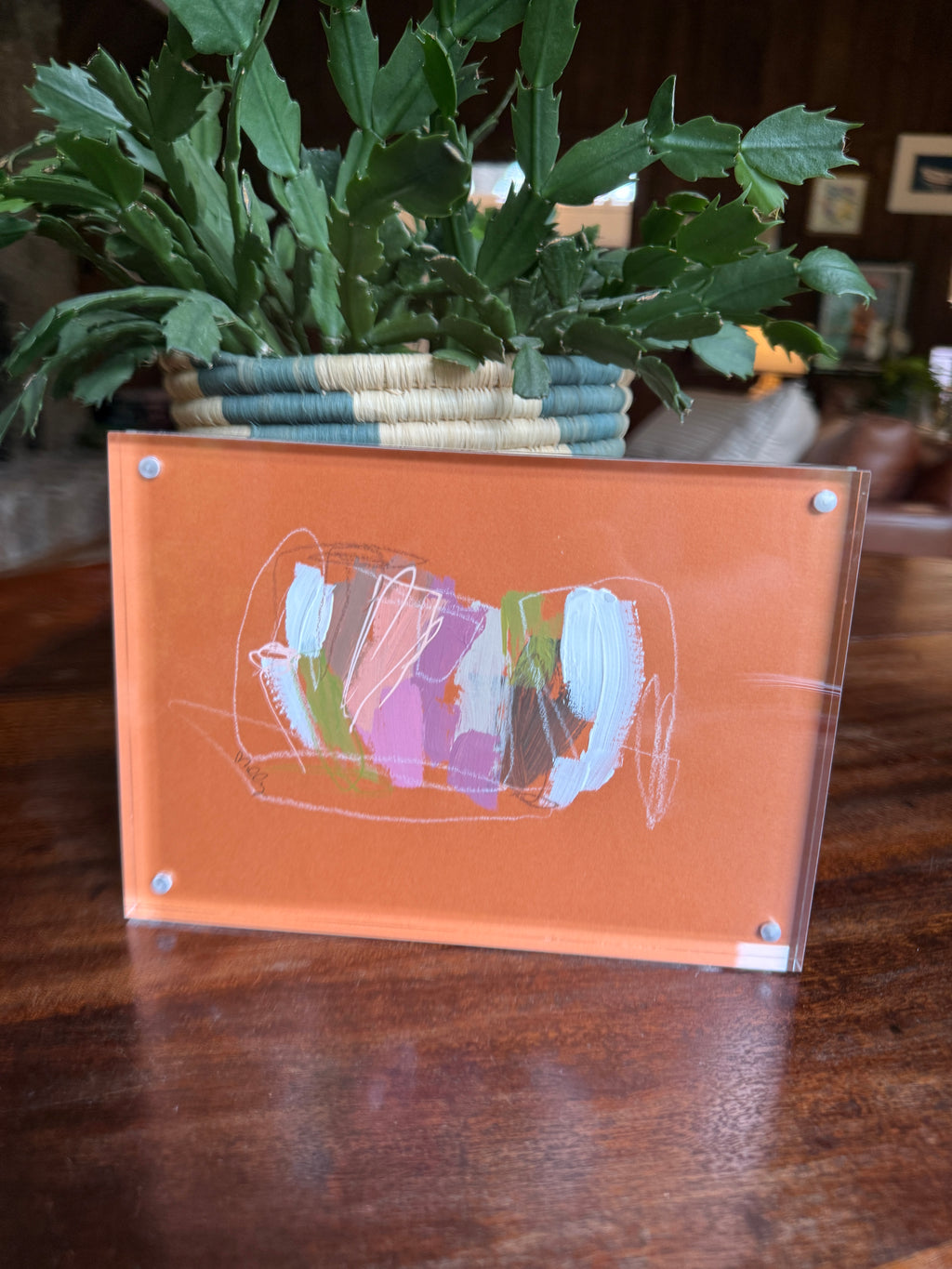 5" x 7" Pumpkin Spice Abstract Painting by Milly Edwards Framed in Acrylic Table Top Frame