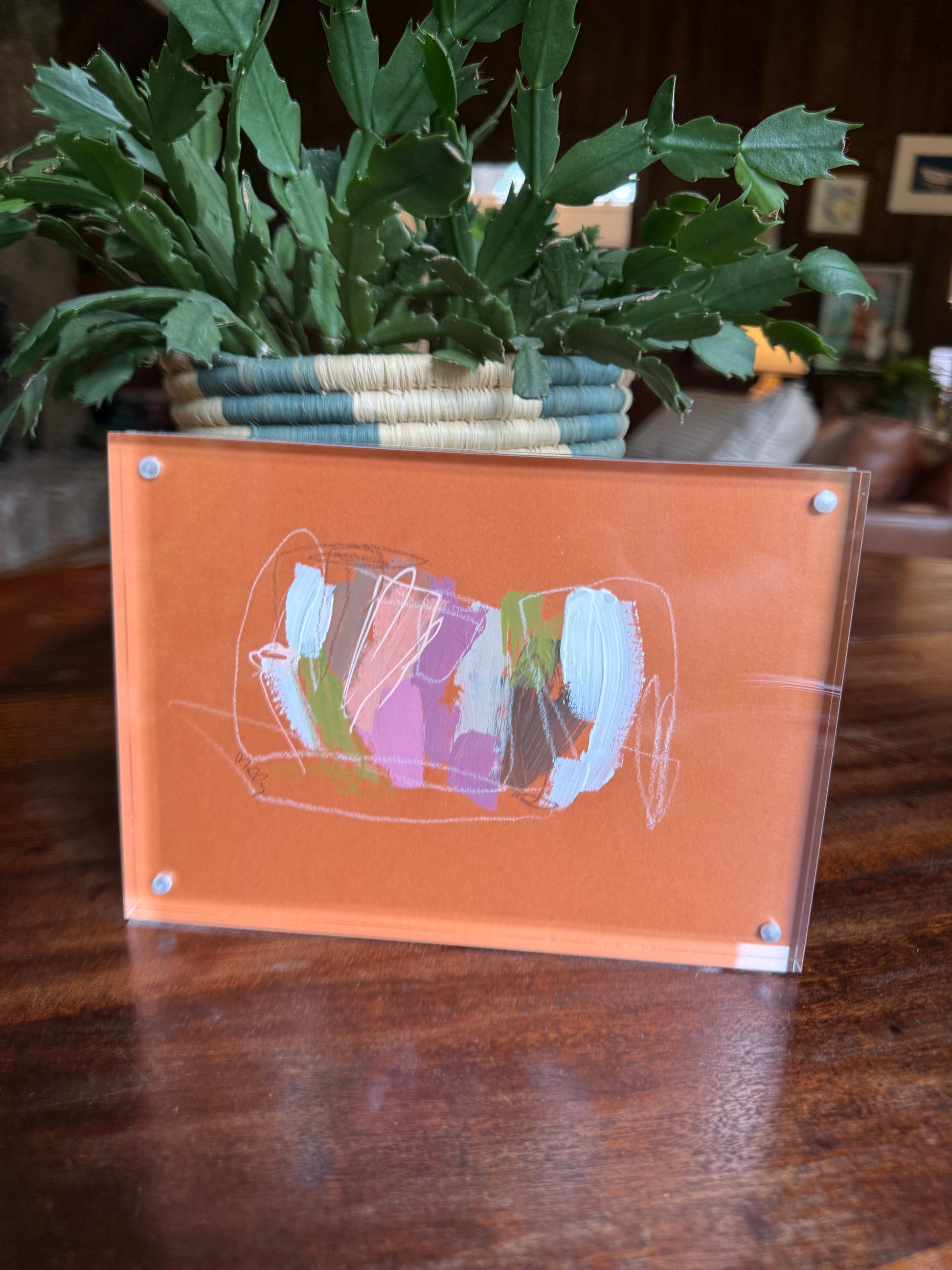 5" x 7" Pumpkin Spice Abstract Painting by Milly Edwards Framed in Acrylic Table Top Frame