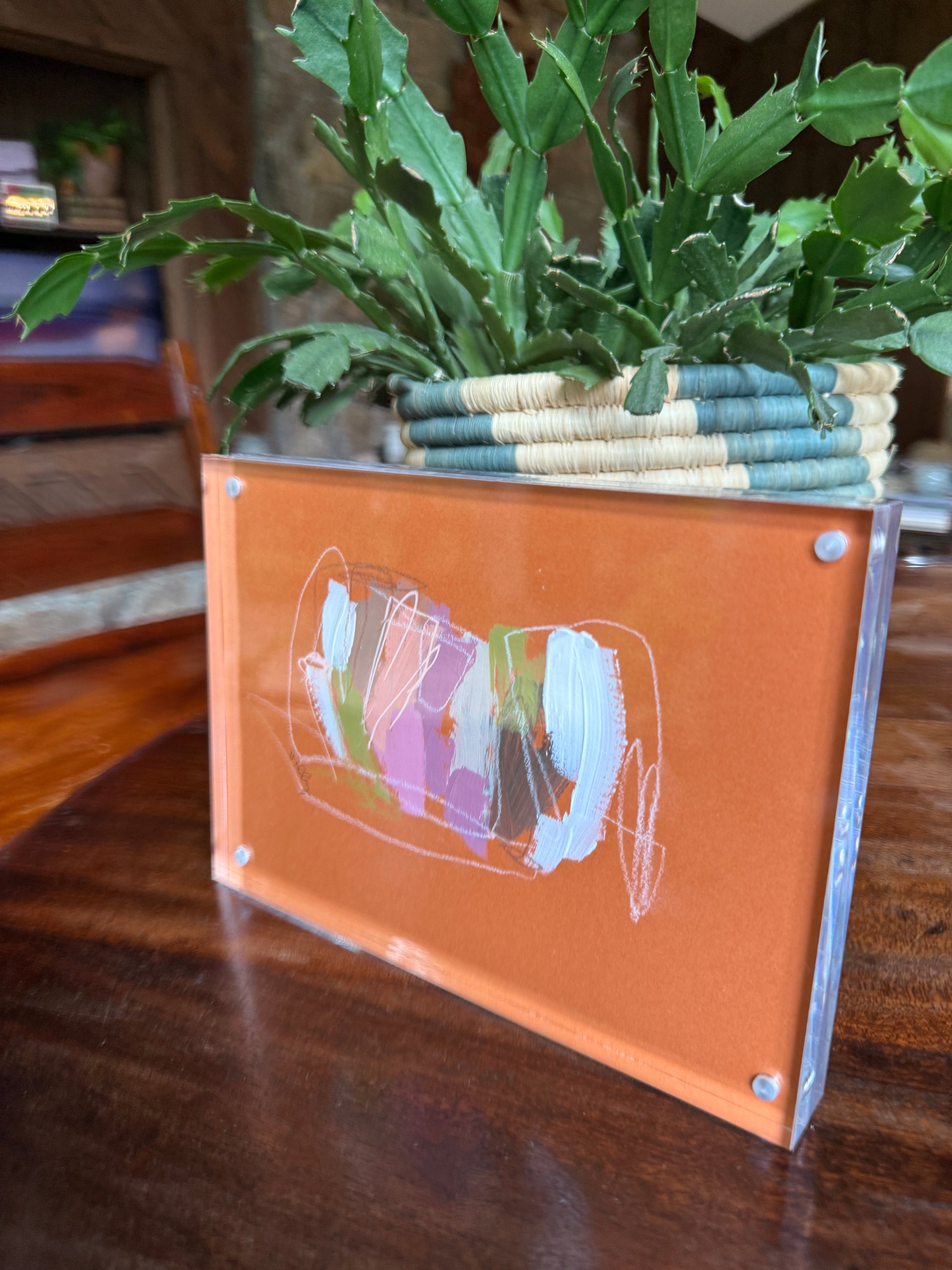 5" x 7" Pumpkin Spice Abstract Painting by Milly Edwards Framed in Acrylic Table Top Frame