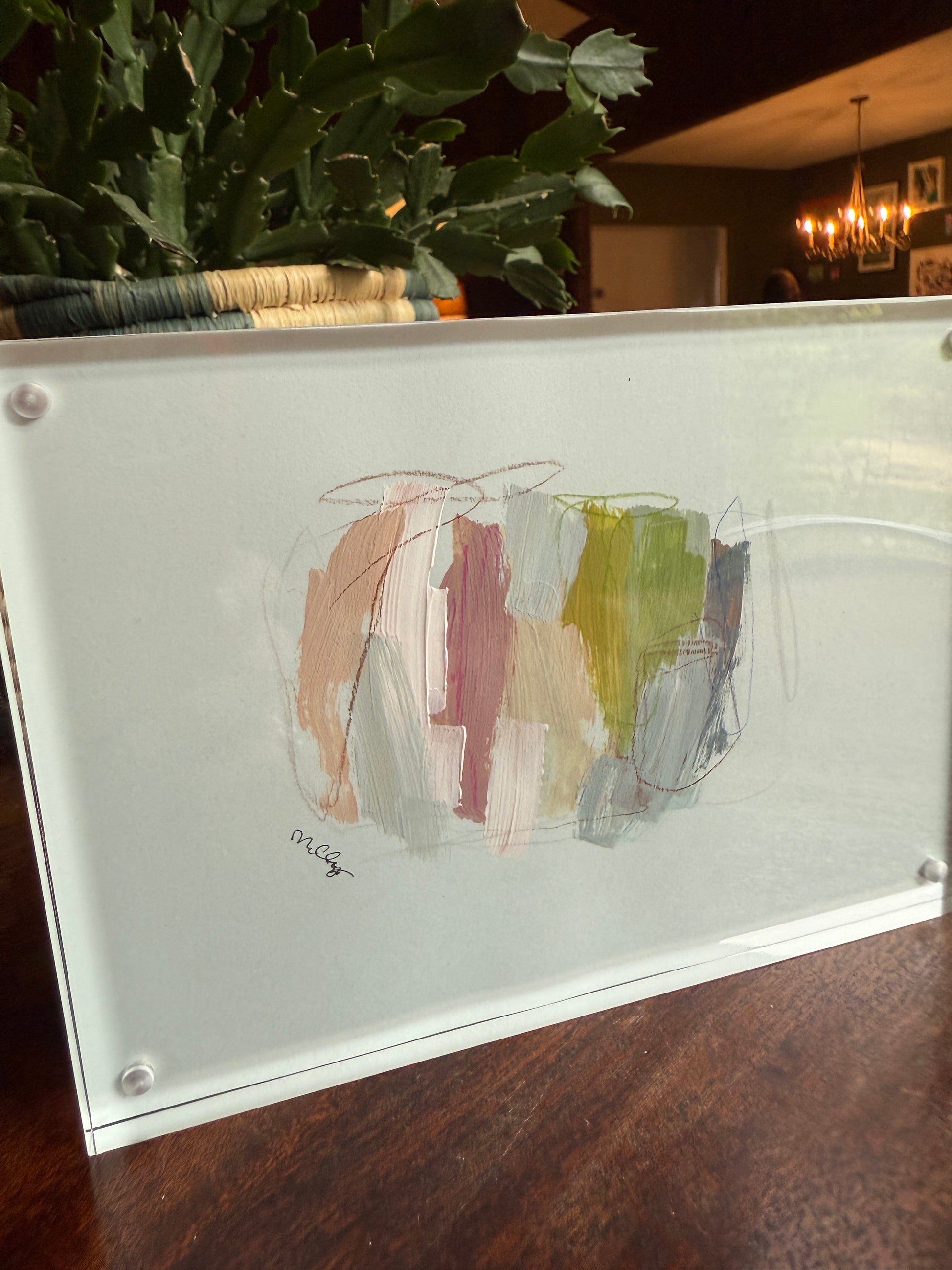 5" x 7" Abstract Painting on Blue Paper by Milly Edwards Framed in Acrylic Table Top Frame