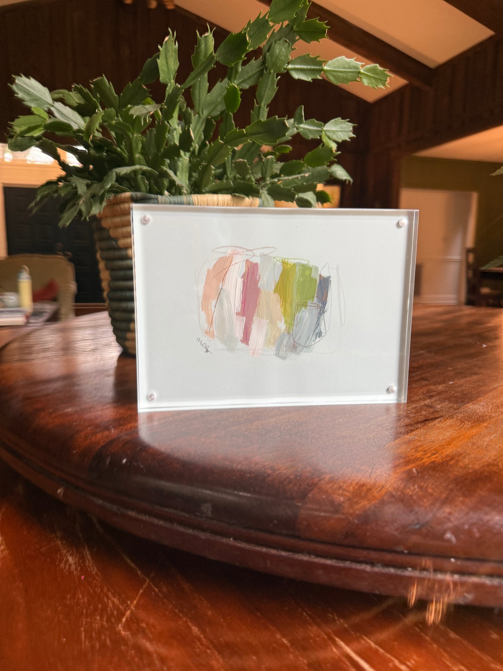 5" x 7" Abstract Painting on Blue Paper by Milly Edwards Framed in Acrylic Table Top Frame