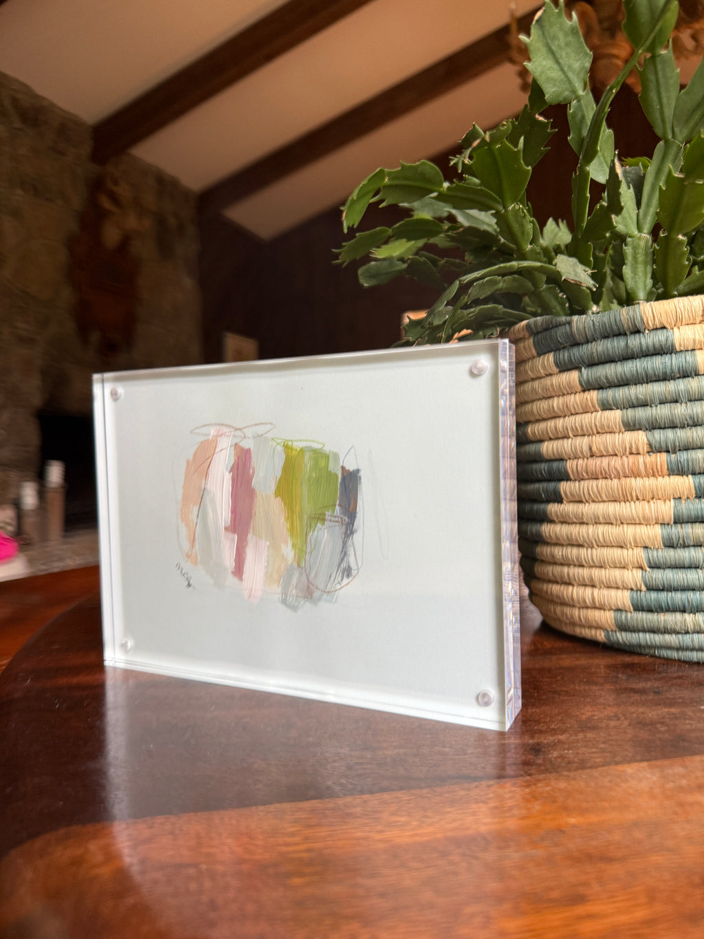 5" x 7" Abstract Painting on Blue Paper by Milly Edwards Framed in Acrylic Table Top Frame