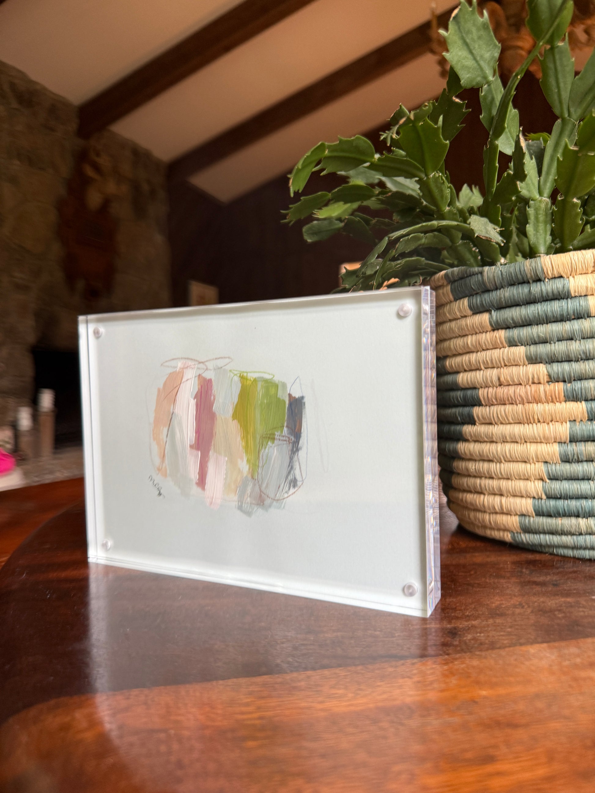 5" x 7" Abstract Painting on Blue Paper by Milly Edwards Framed in Acrylic Table Top Frame