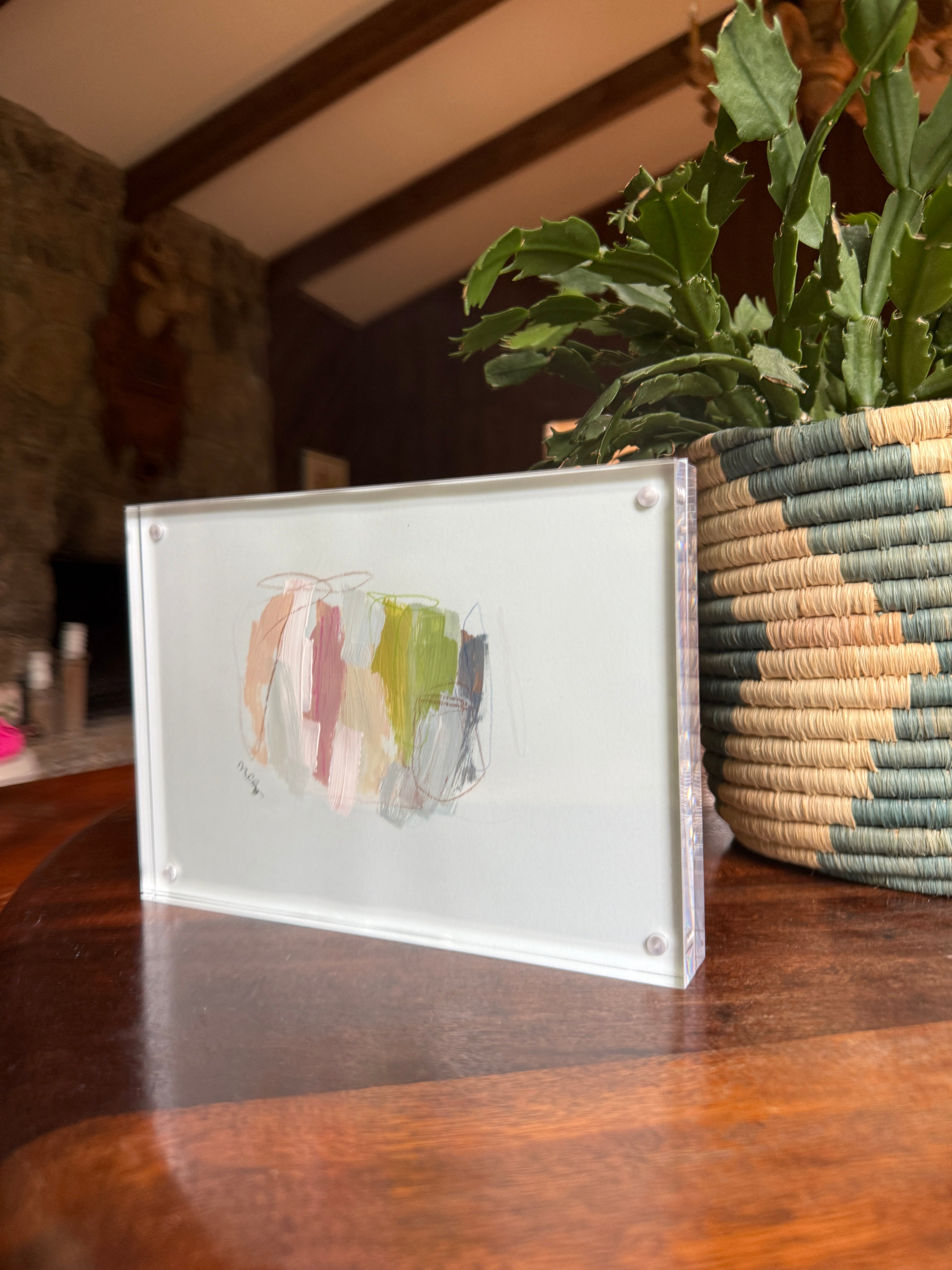 5" x 7" Abstract Painting on Blue Paper by Milly Edwards Framed in Acrylic Table Top Frame