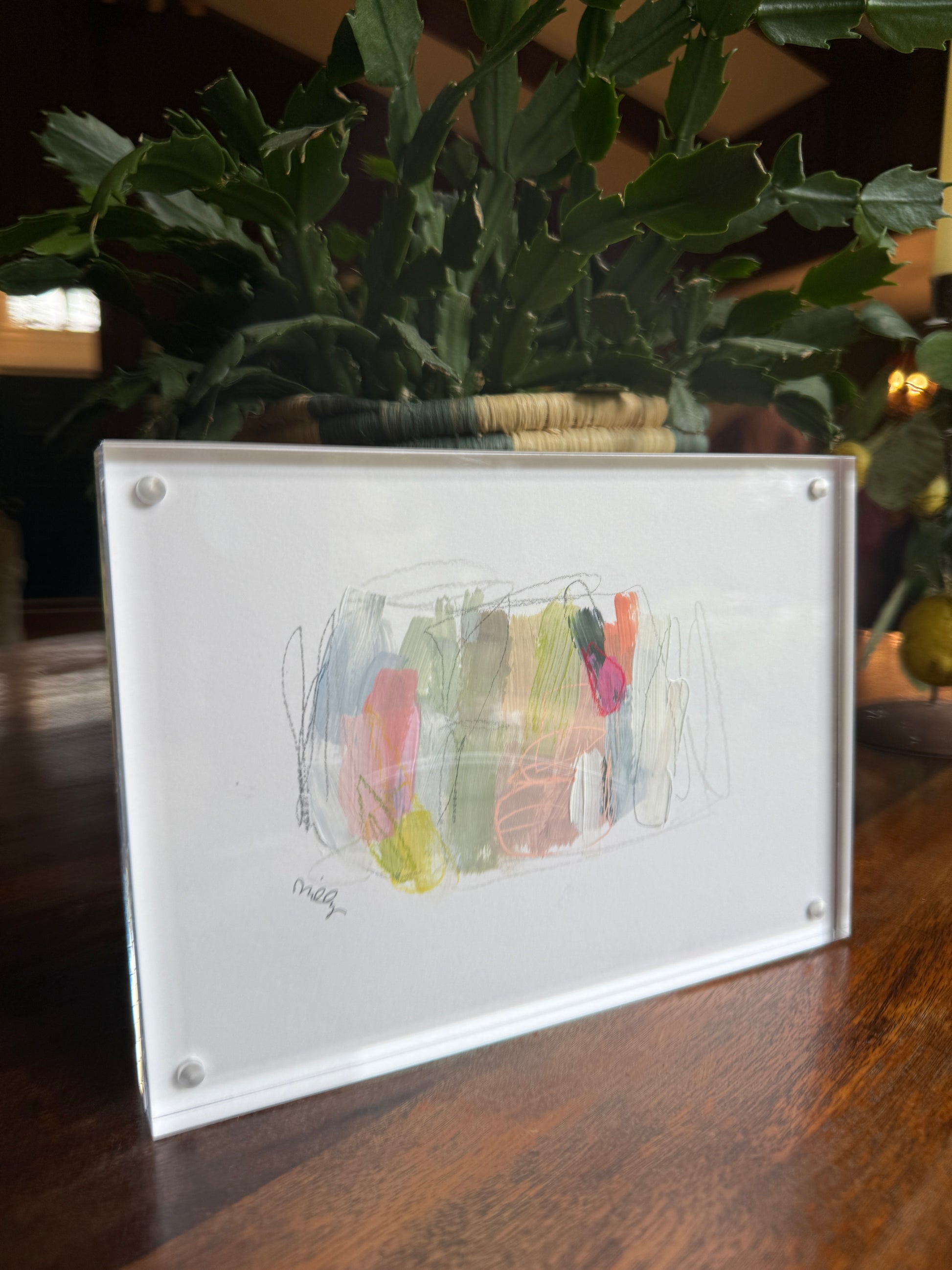 5" x 7" Abstract Painting on White Paper by Milly Edwards Framed in Acrylic Table Top Frame