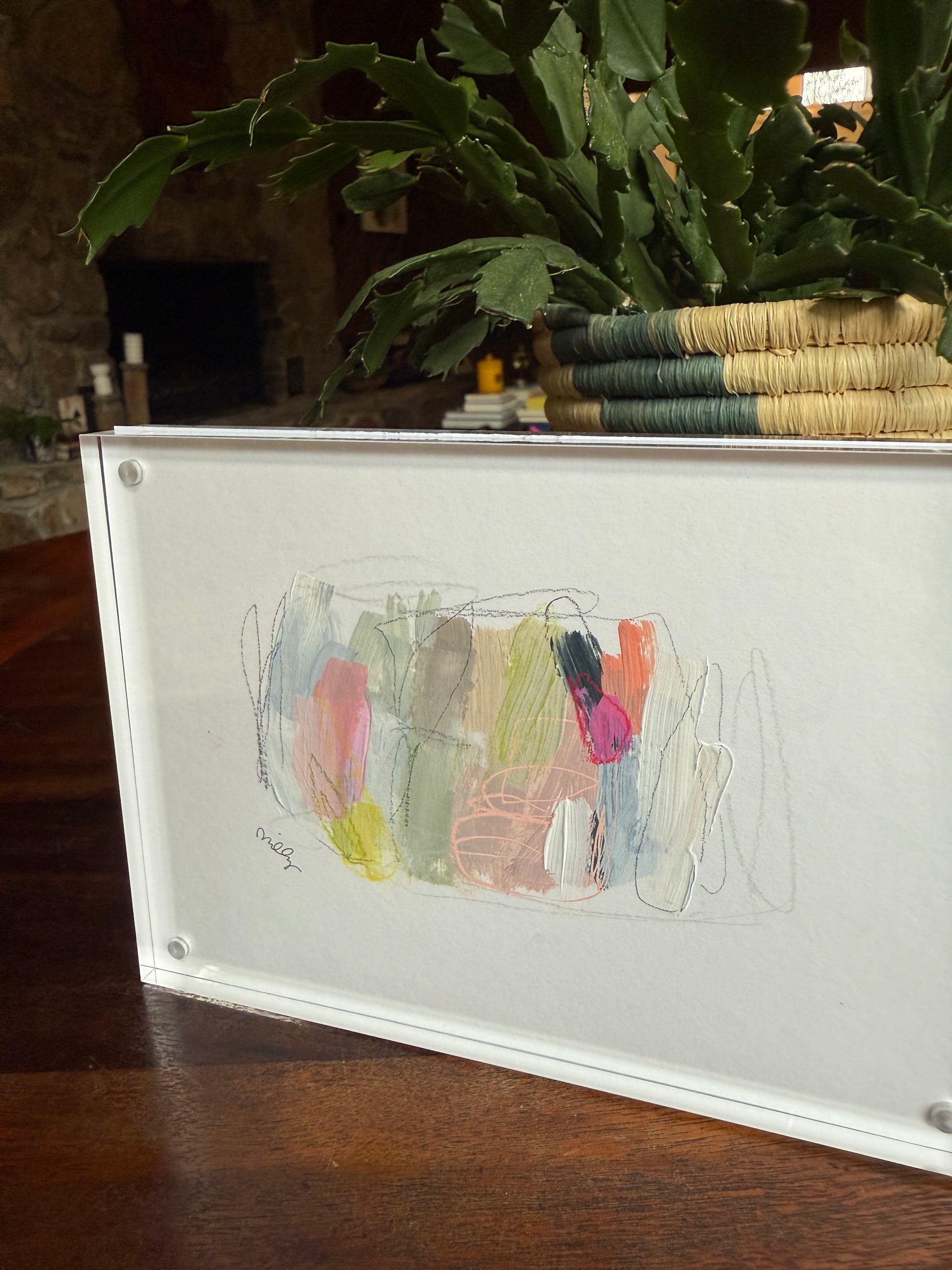5" x 7" Abstract Painting on White Paper by Milly Edwards Framed in Acrylic Table Top Frame