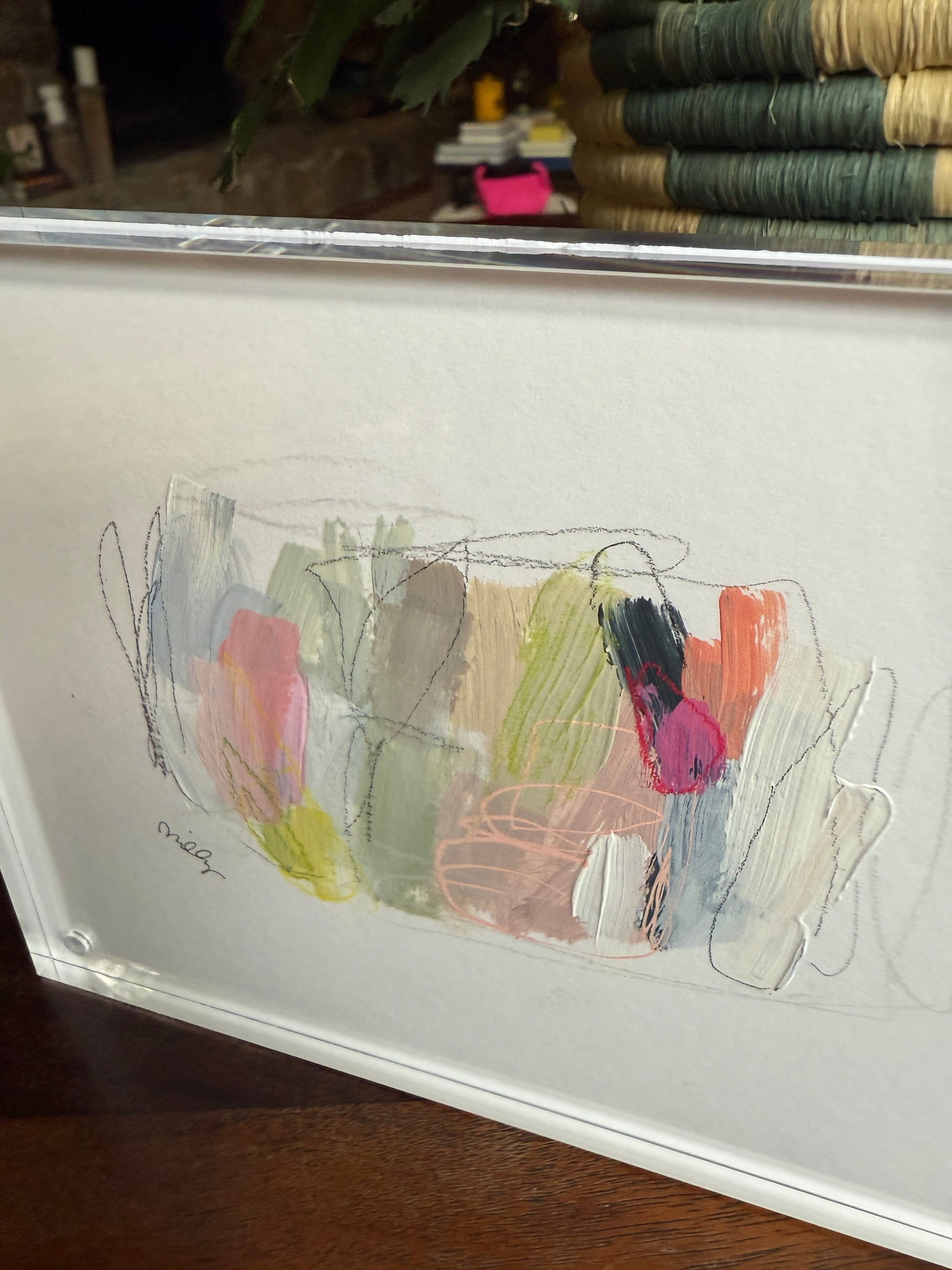 5" x 7" Abstract Painting on White Paper by Milly Edwards Framed in Acrylic Table Top Frame