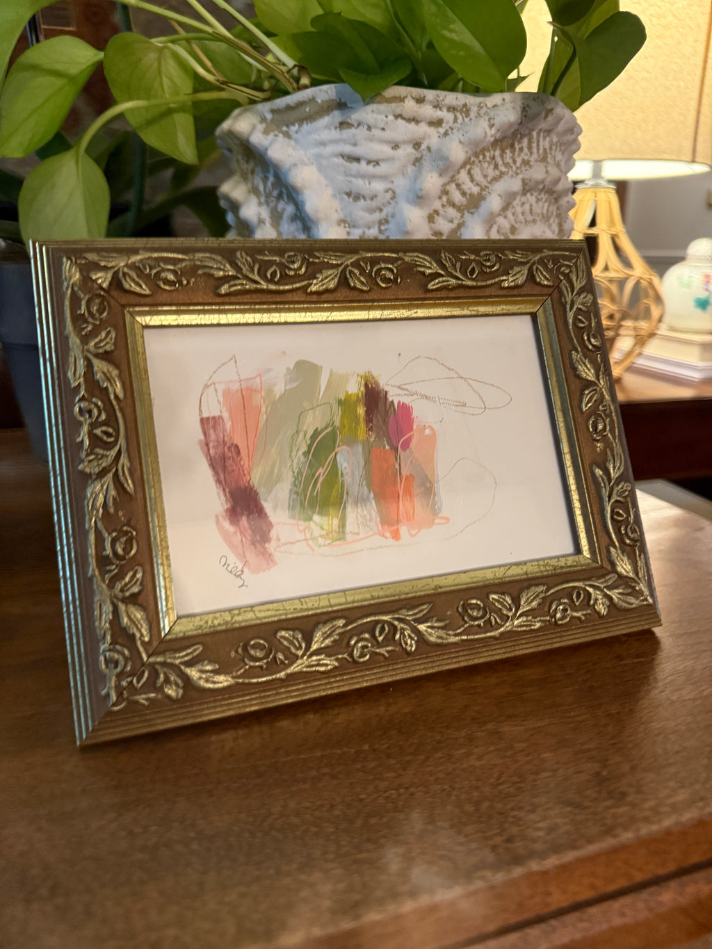 8.25" x 6.25" Abstract Painting by Milly Edwards Framed in Antique Frame with Gold Flower Details