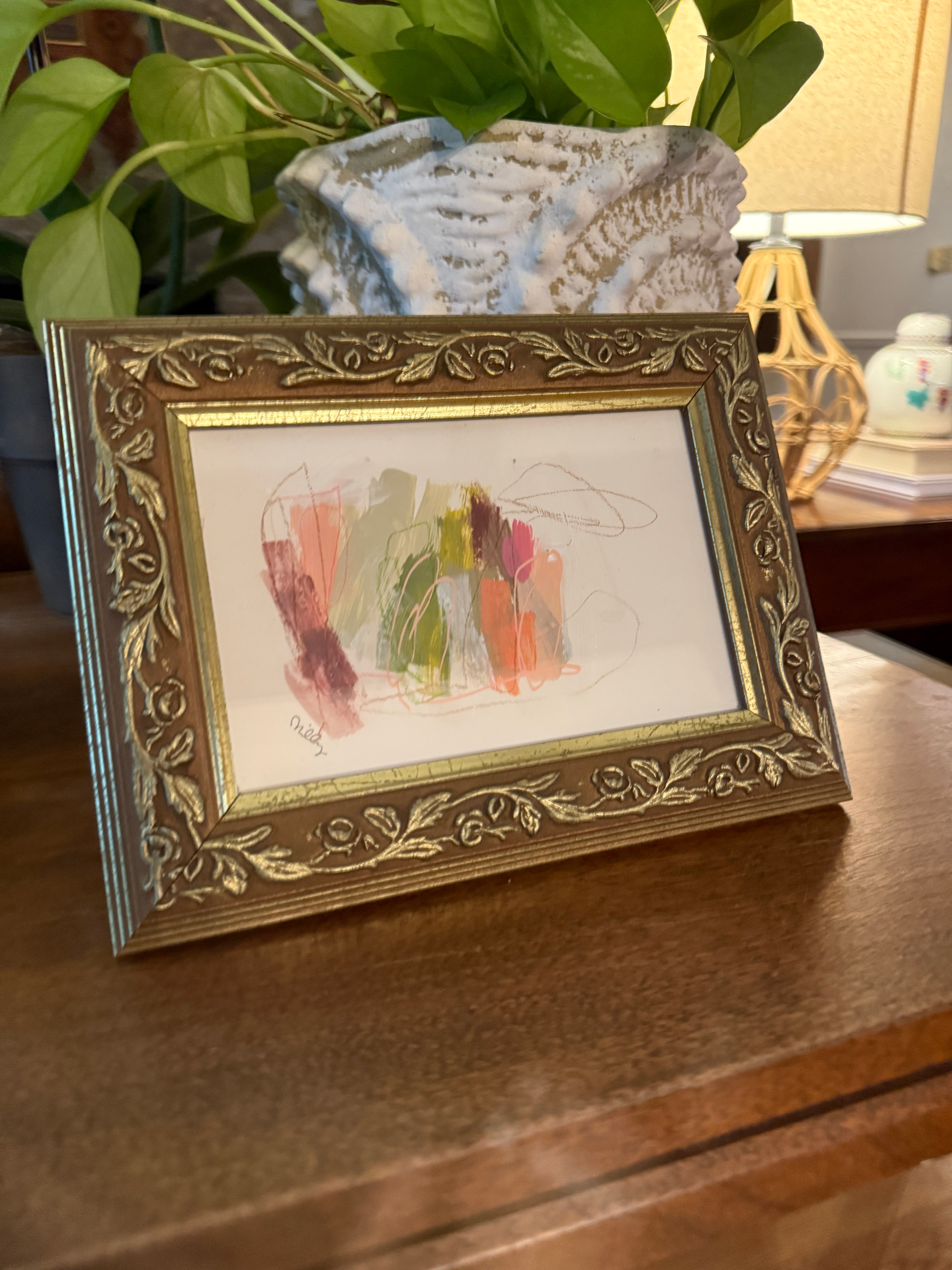 8.25" x 6.25" Abstract Painting by Milly Edwards Framed in Antique Frame with Gold Flower Details